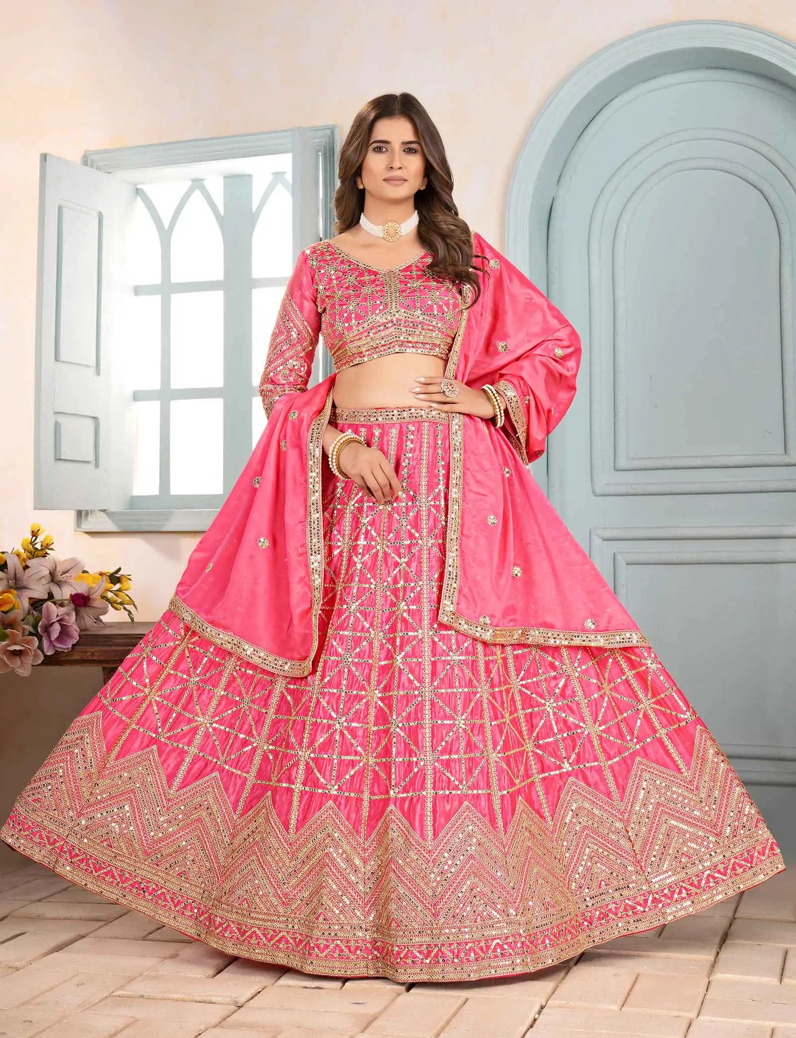 Light Pink Sequins Embroidery Work Lehenga
