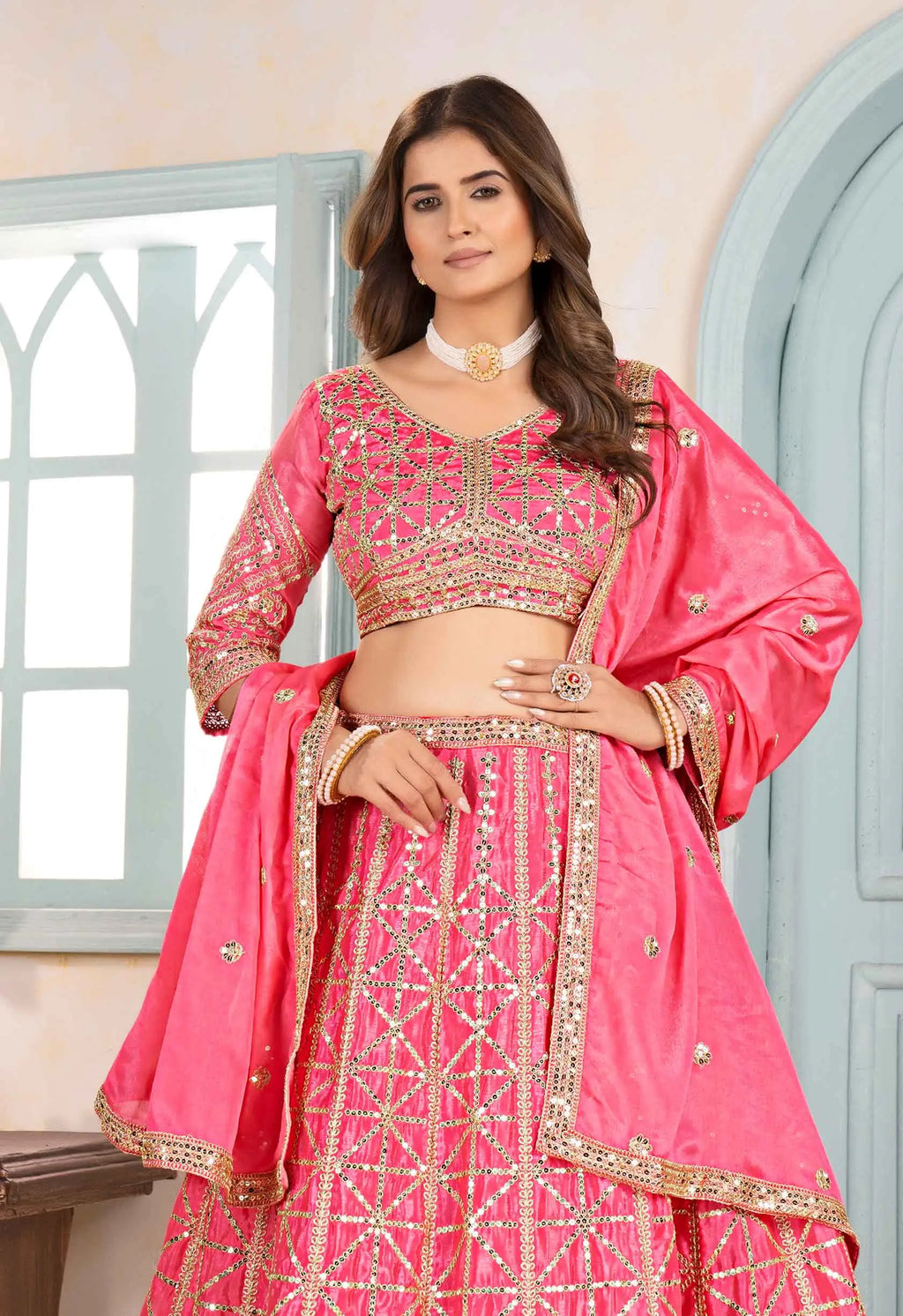 Light Pink Sequins Embroidery Work Lehenga