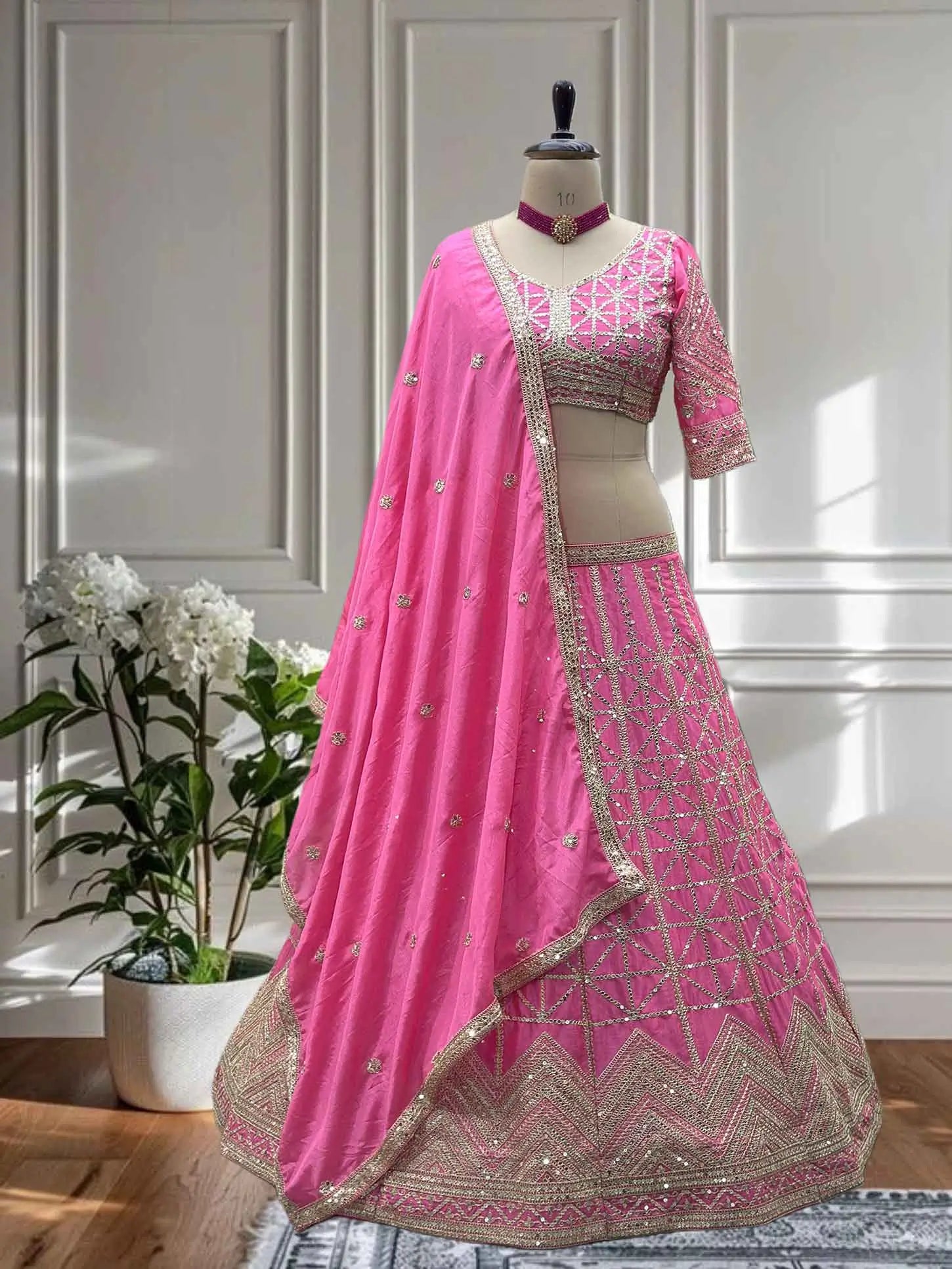 Light Pink Sequins Embroidery Work Lehenga