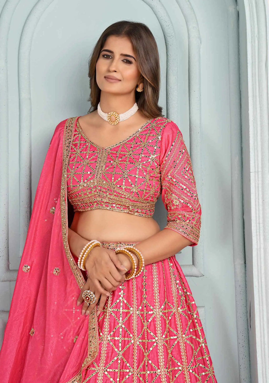 Light Pink Sequins Embroidery Work Lehenga