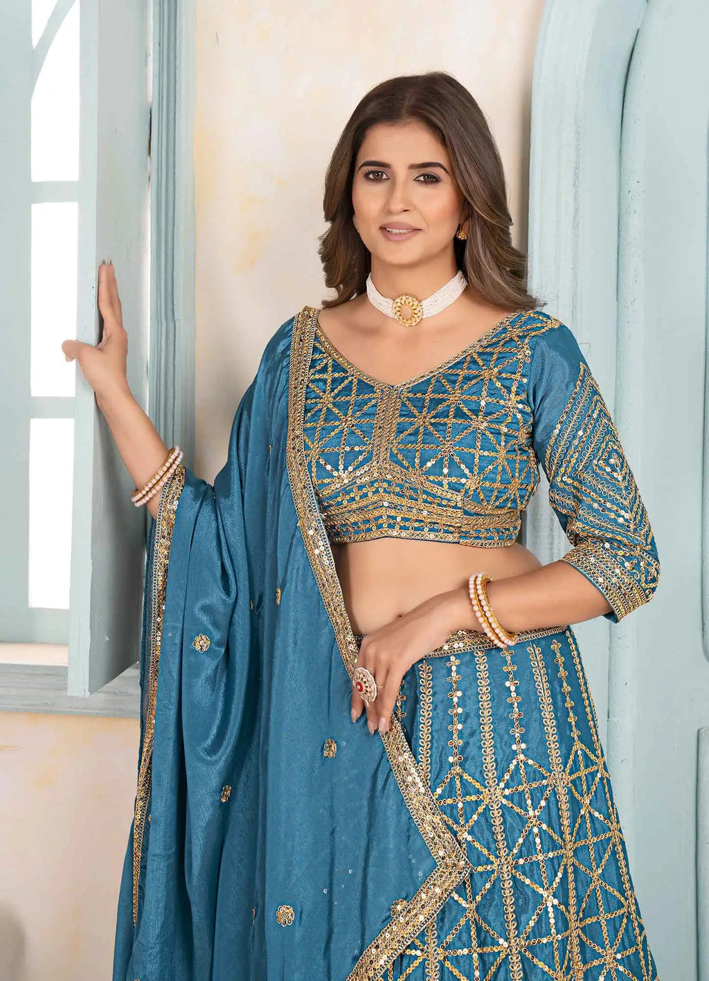 Sky Blue Sequins Embroidery Work Lehenga