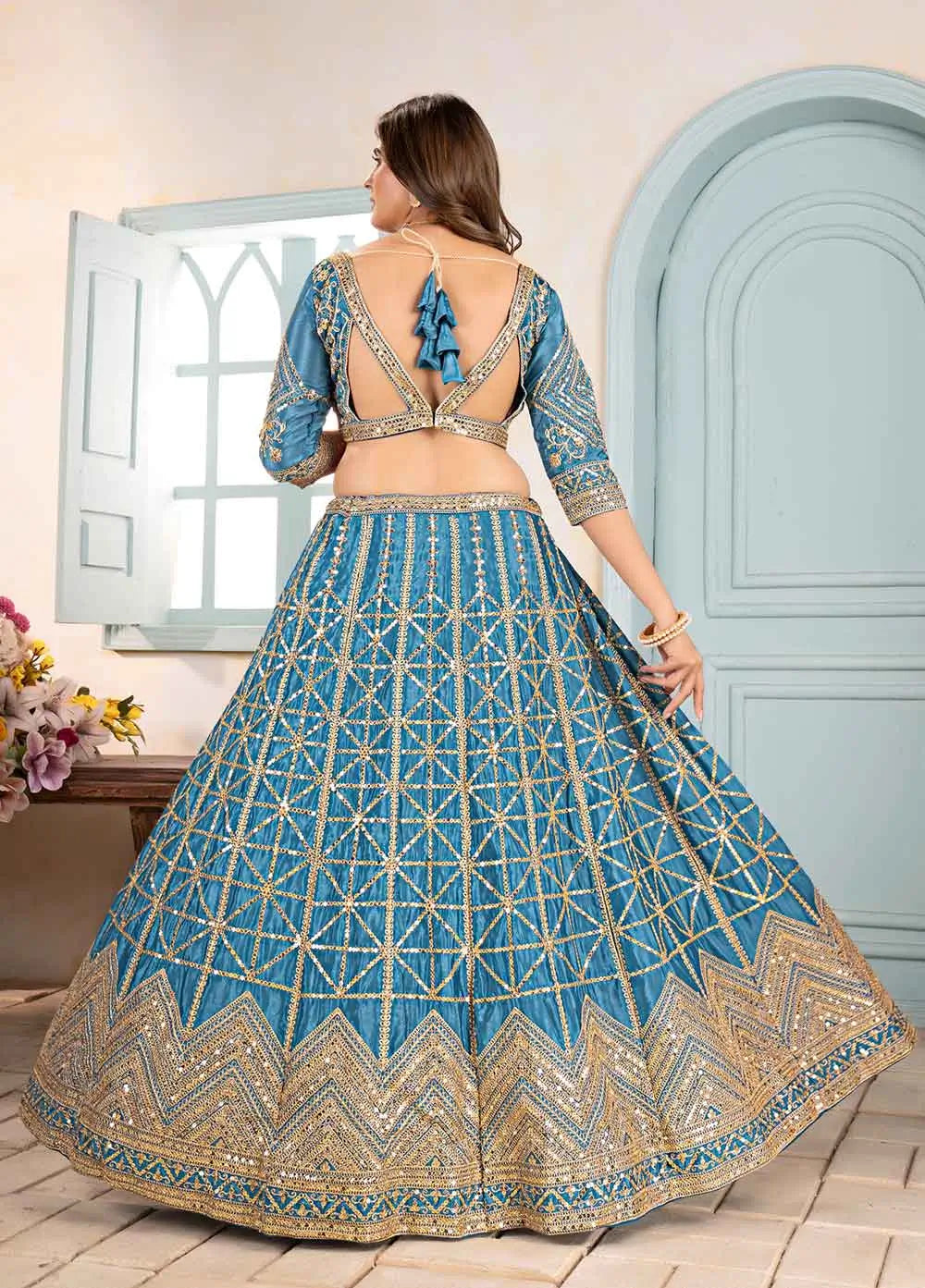 Sky Blue Sequins Embroidery Work Lehenga