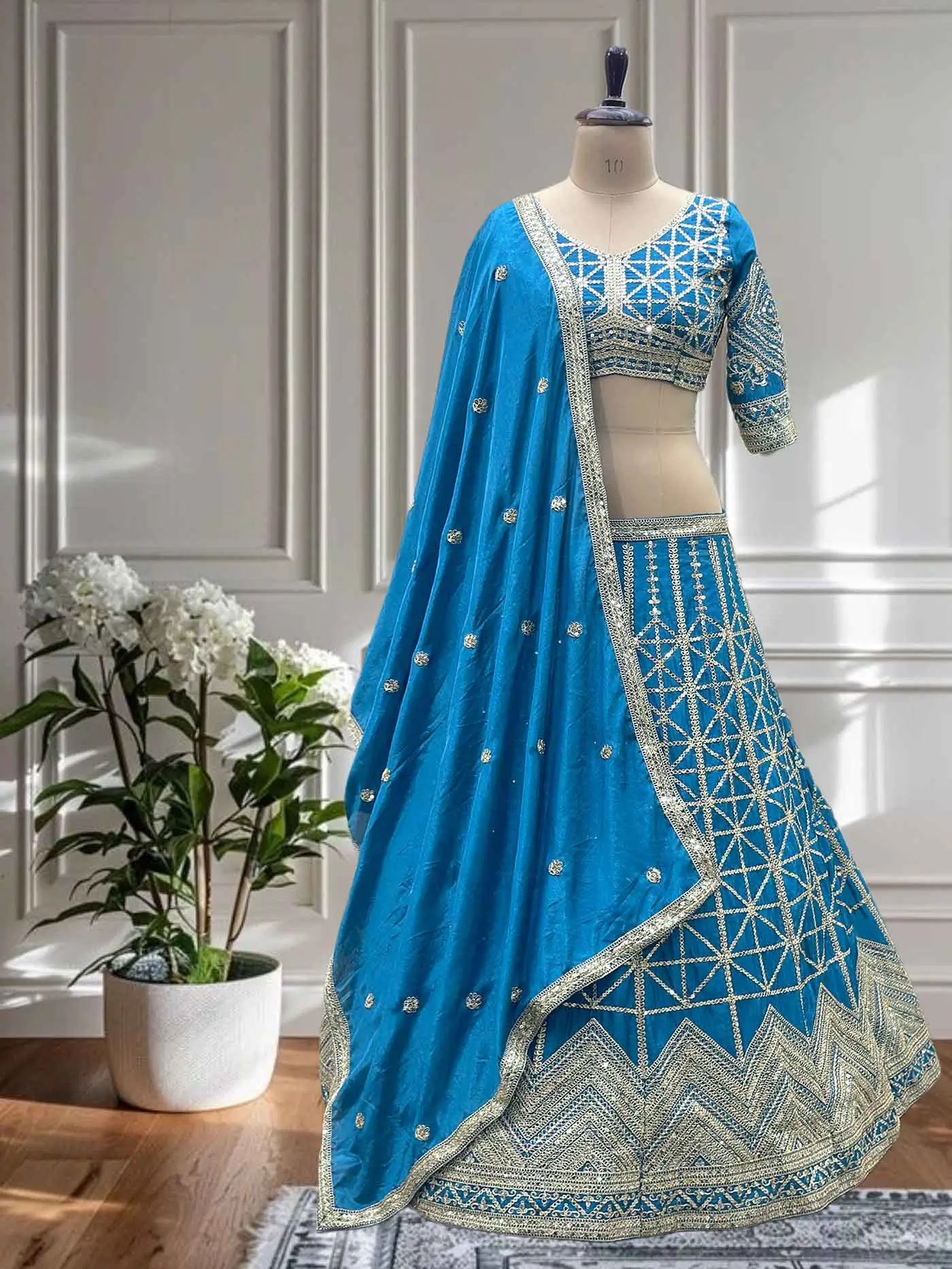 Sky Blue Sequins Embroidery Work Lehenga