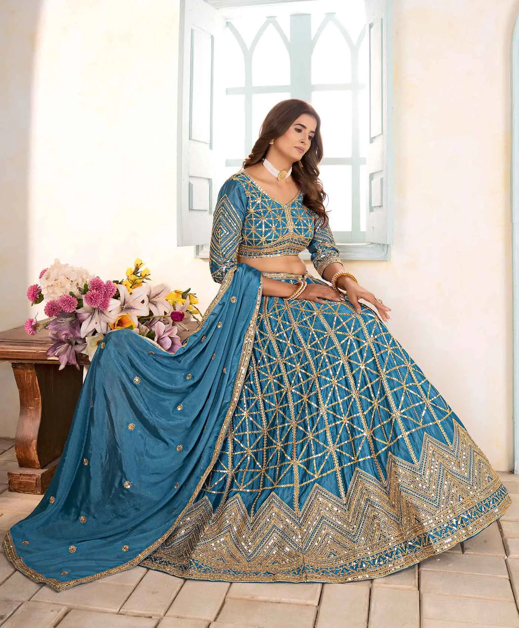 Sky Blue Sequins Embroidery Work Lehenga