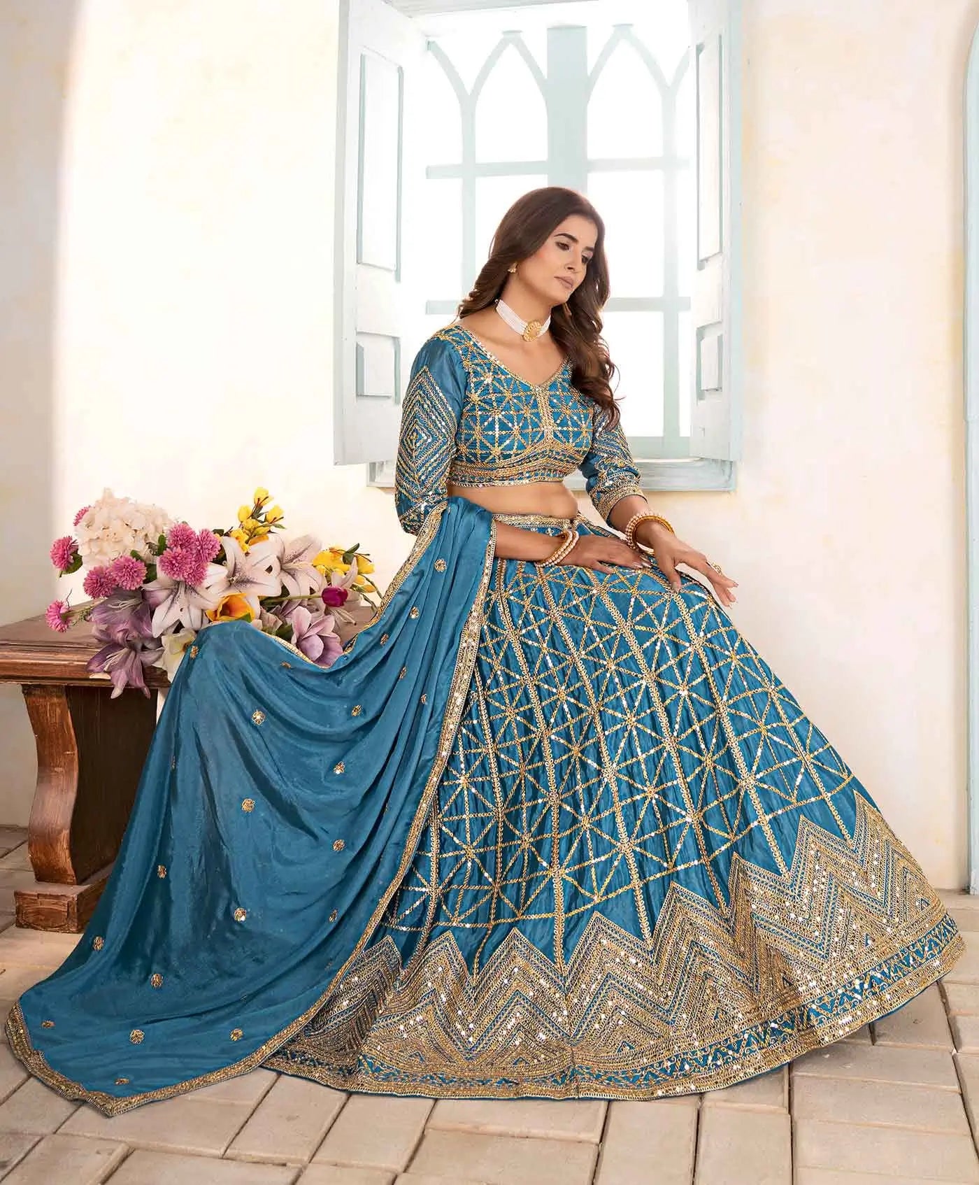 Sky Blue Sequins Embroidery Work Lehenga