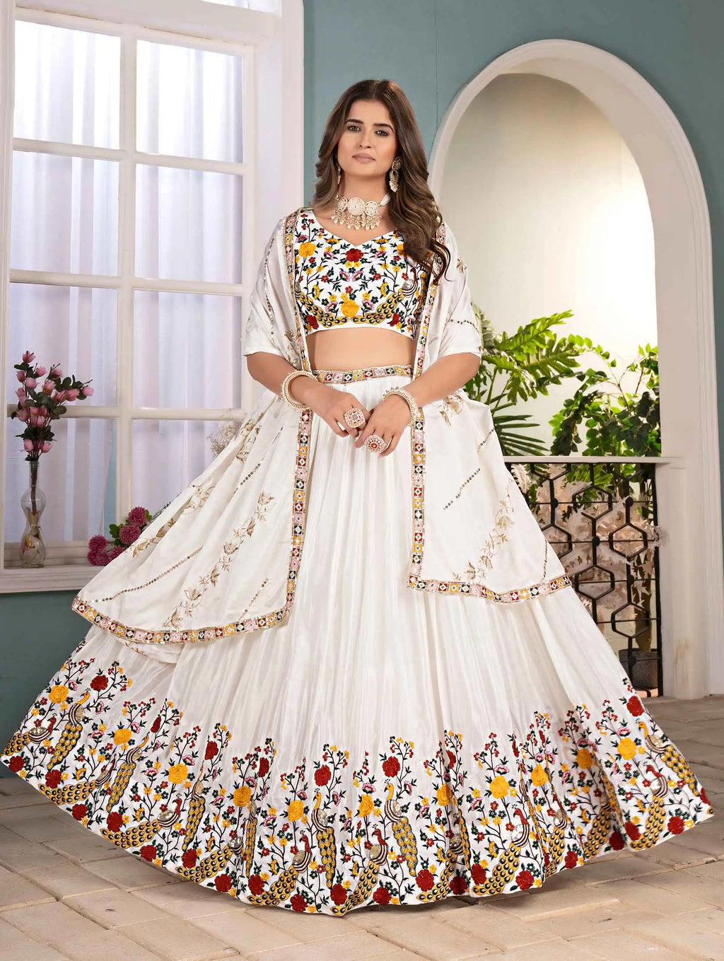 Designer White Multi Thread Embroidery Lehenga
