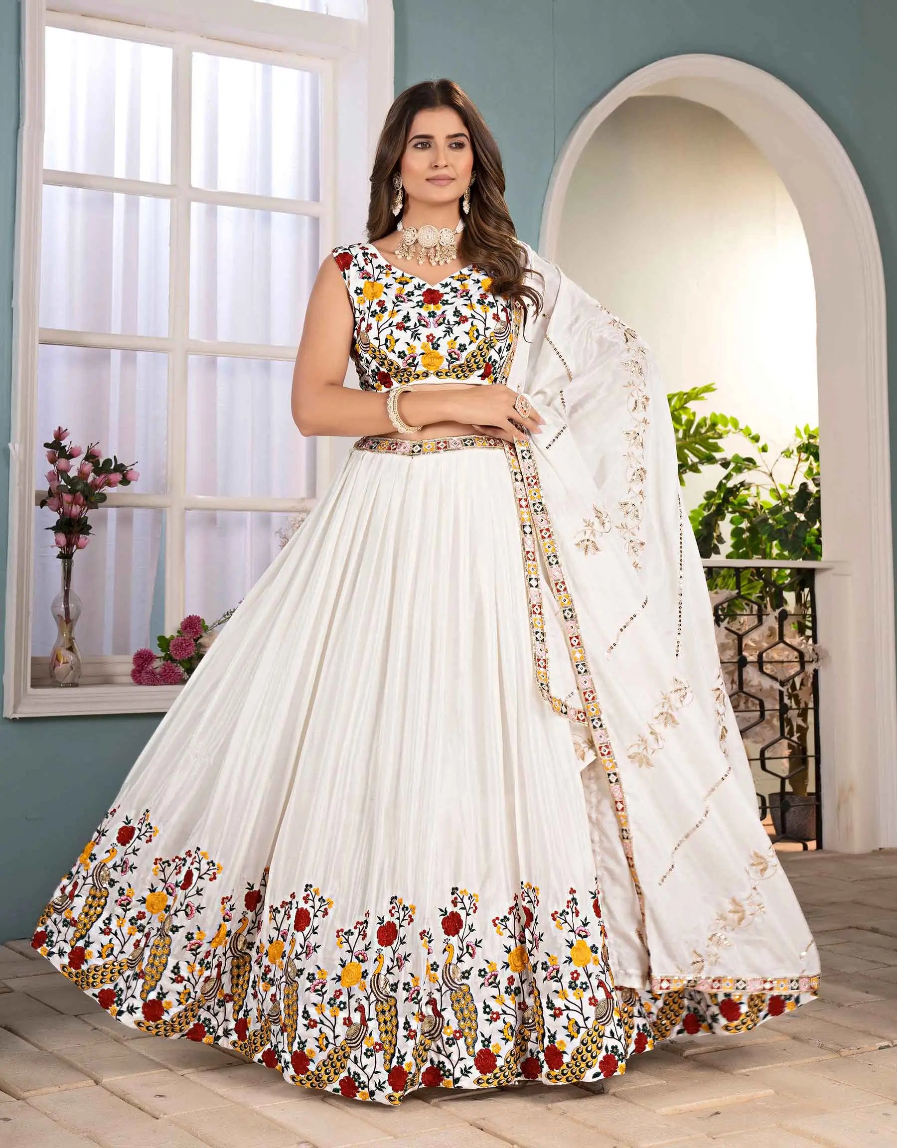 Designer White Multi Thread Embroidery Lehenga