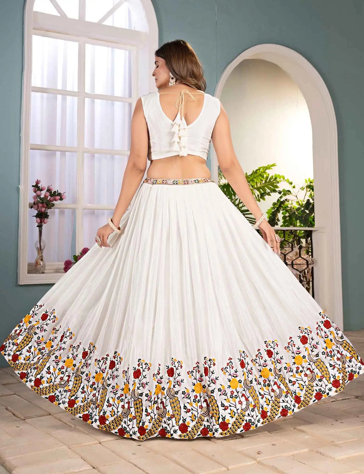 Designer White Multi Thread Embroidery Lehenga