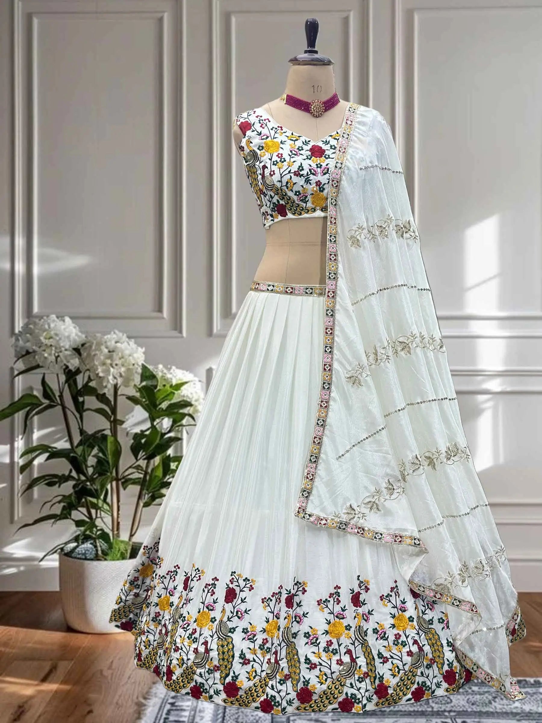 Designer White Multi Thread Embroidery Lehenga
