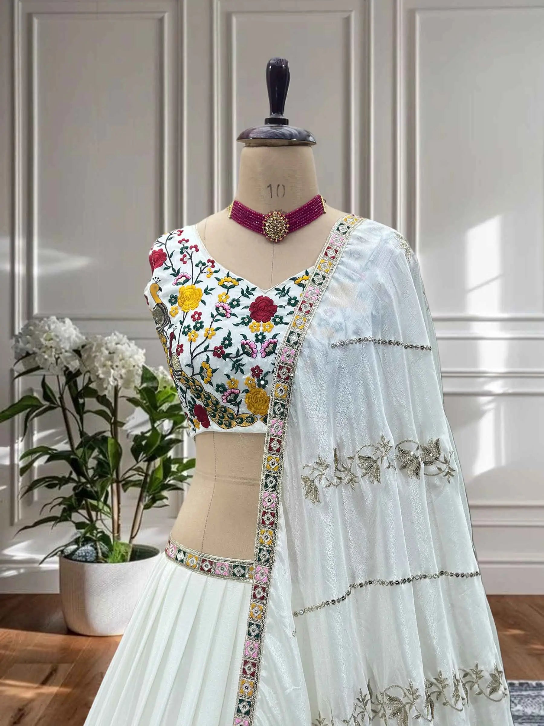 Designer White Multi Thread Embroidery Lehenga