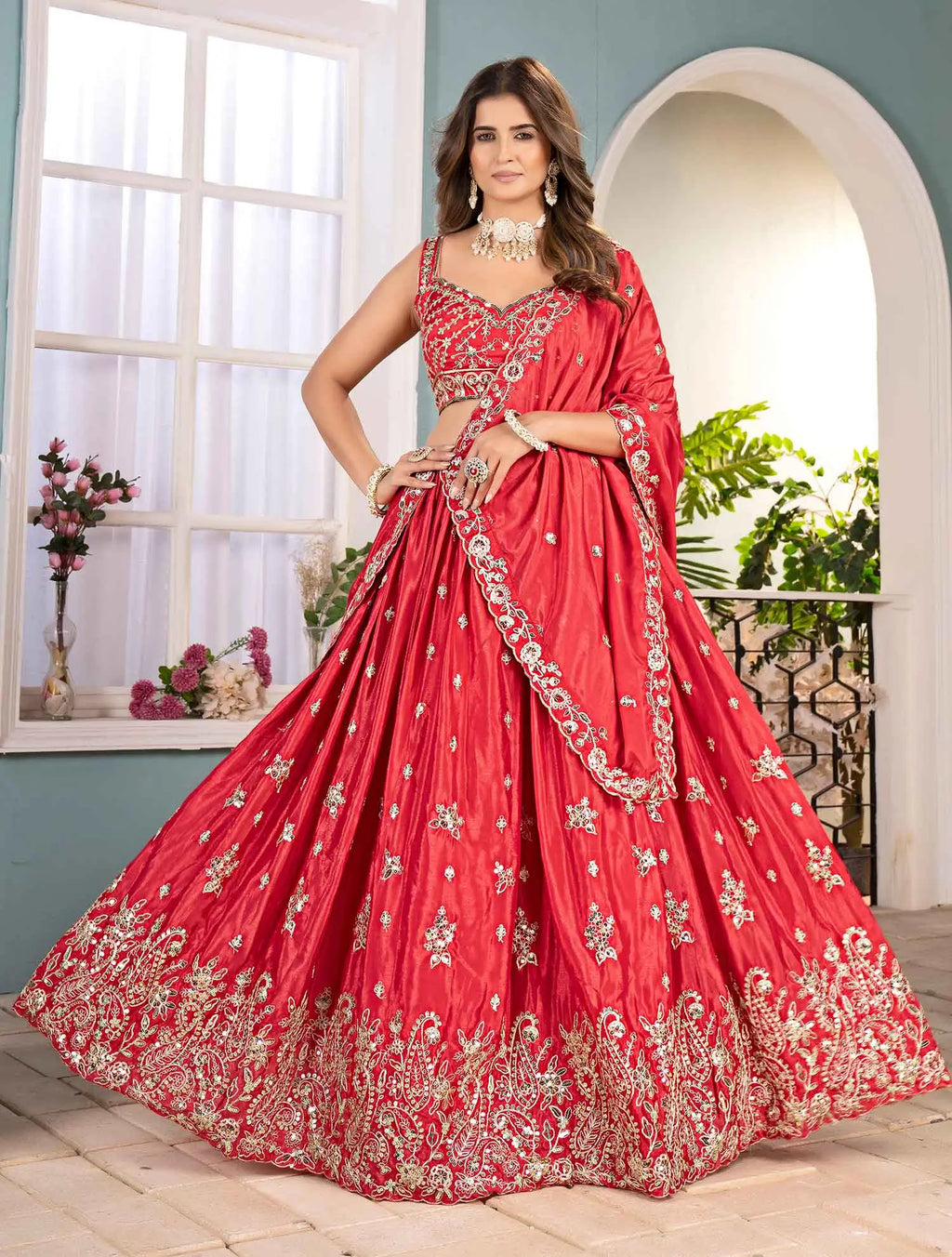 Coral Red Sequins Embroidery Codding Work Lehenga
