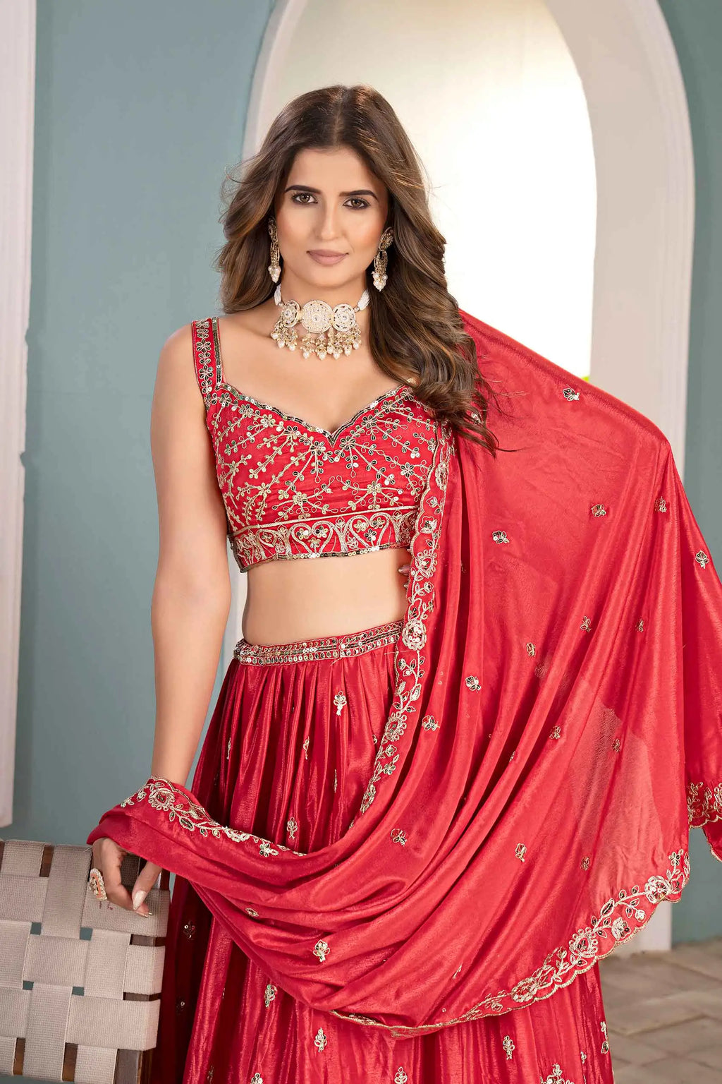 Coral Red Sequins Embroidery Codding Work Lehenga