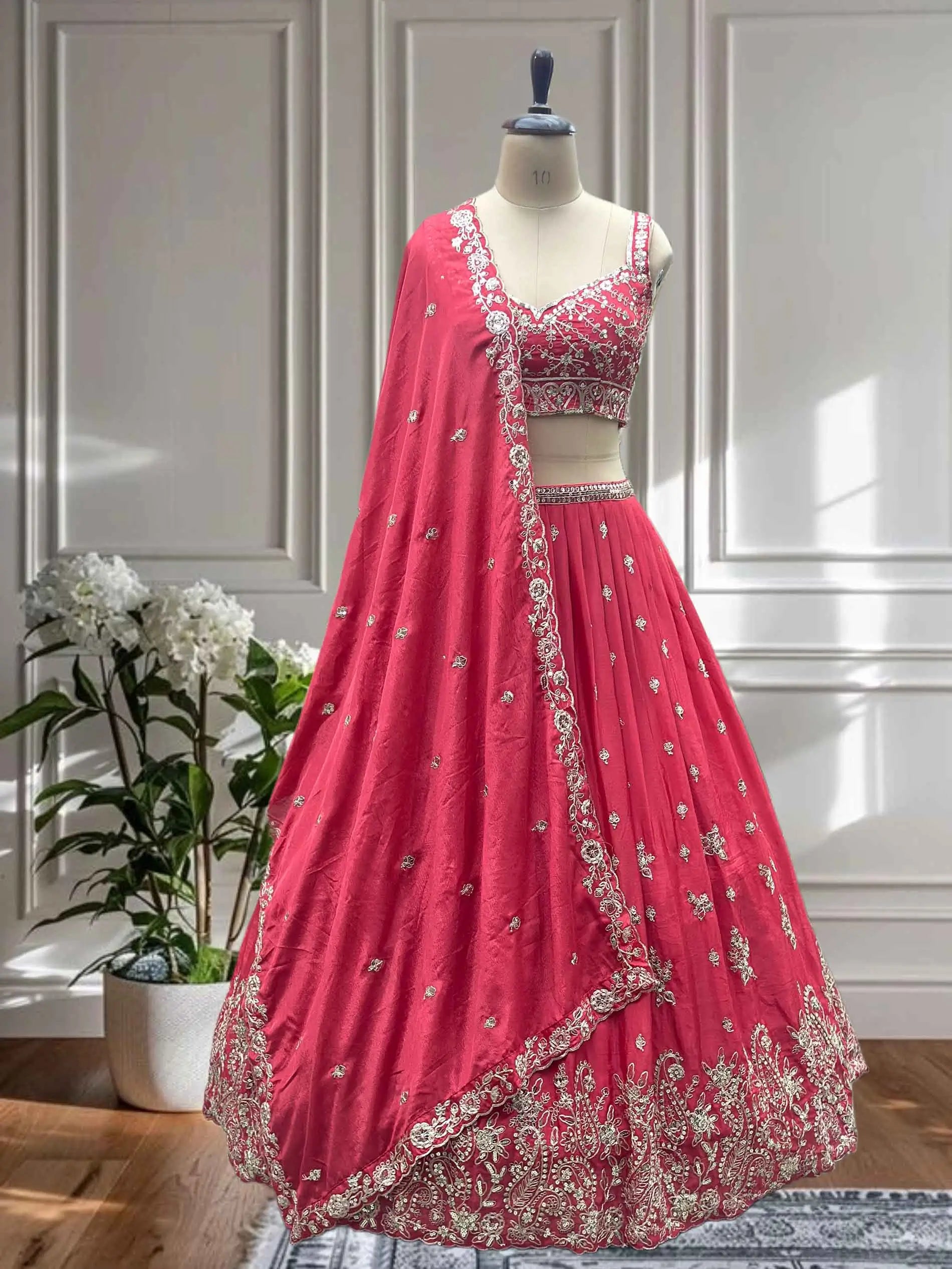 Coral Red Sequins Embroidery Codding Work Lehenga