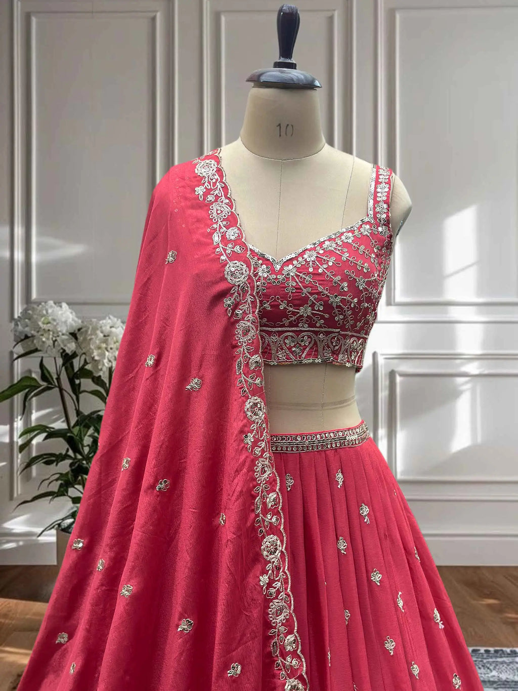 Coral Red Sequins Embroidery Codding Work Lehenga