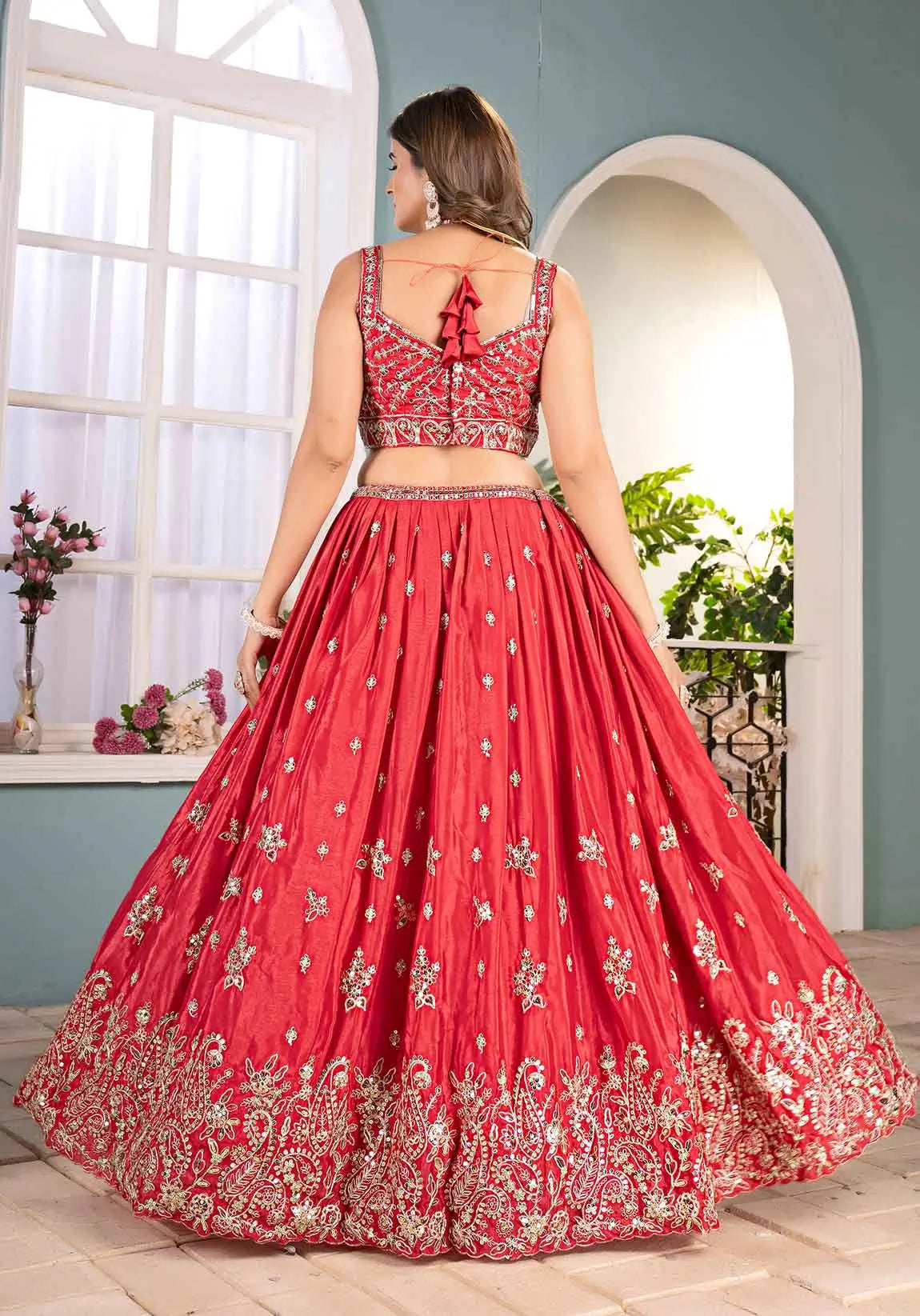 Coral Red Sequins Embroidery Codding Work Lehenga