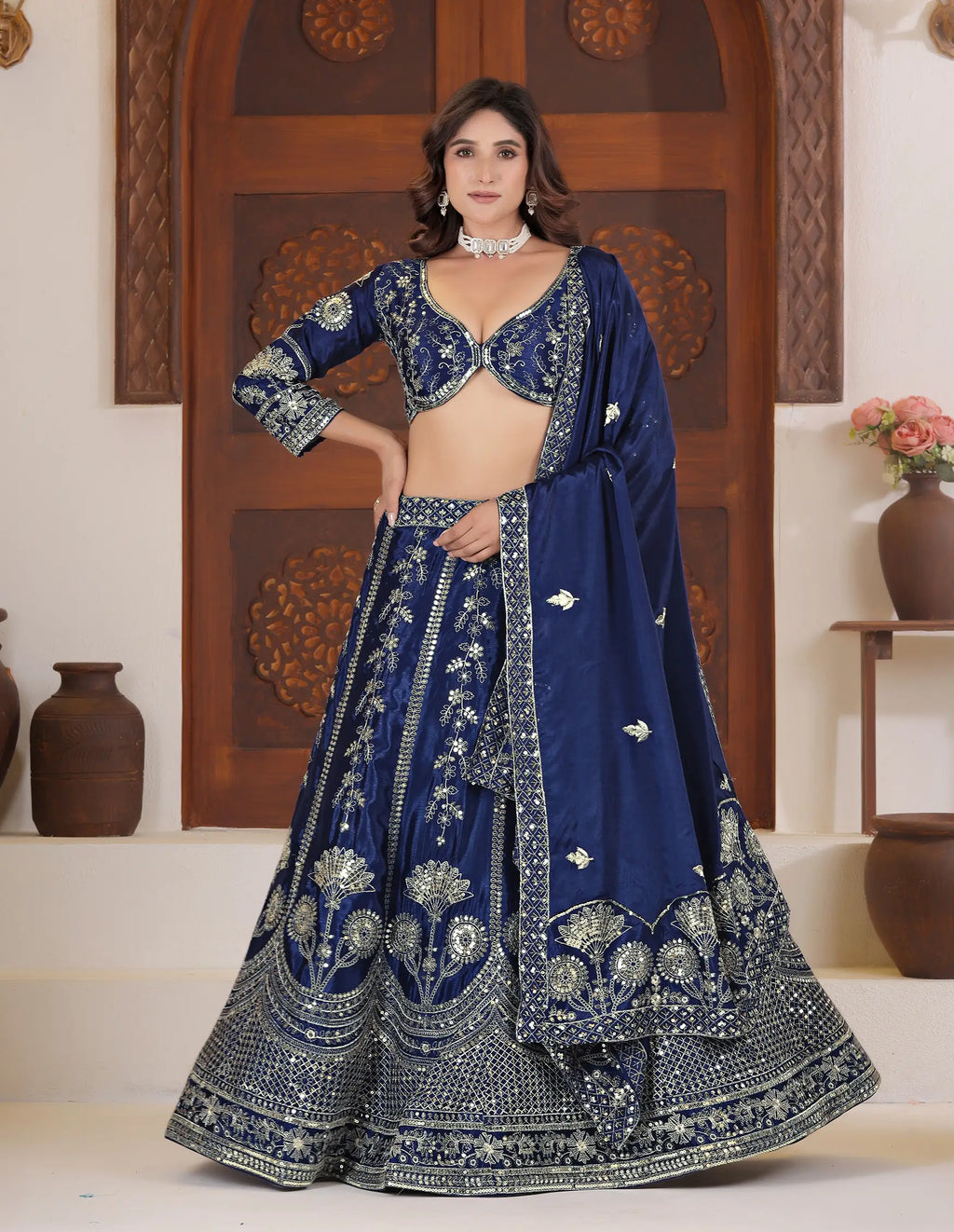 Blue Sequins Zari Embroidery Work Lehenga Choli