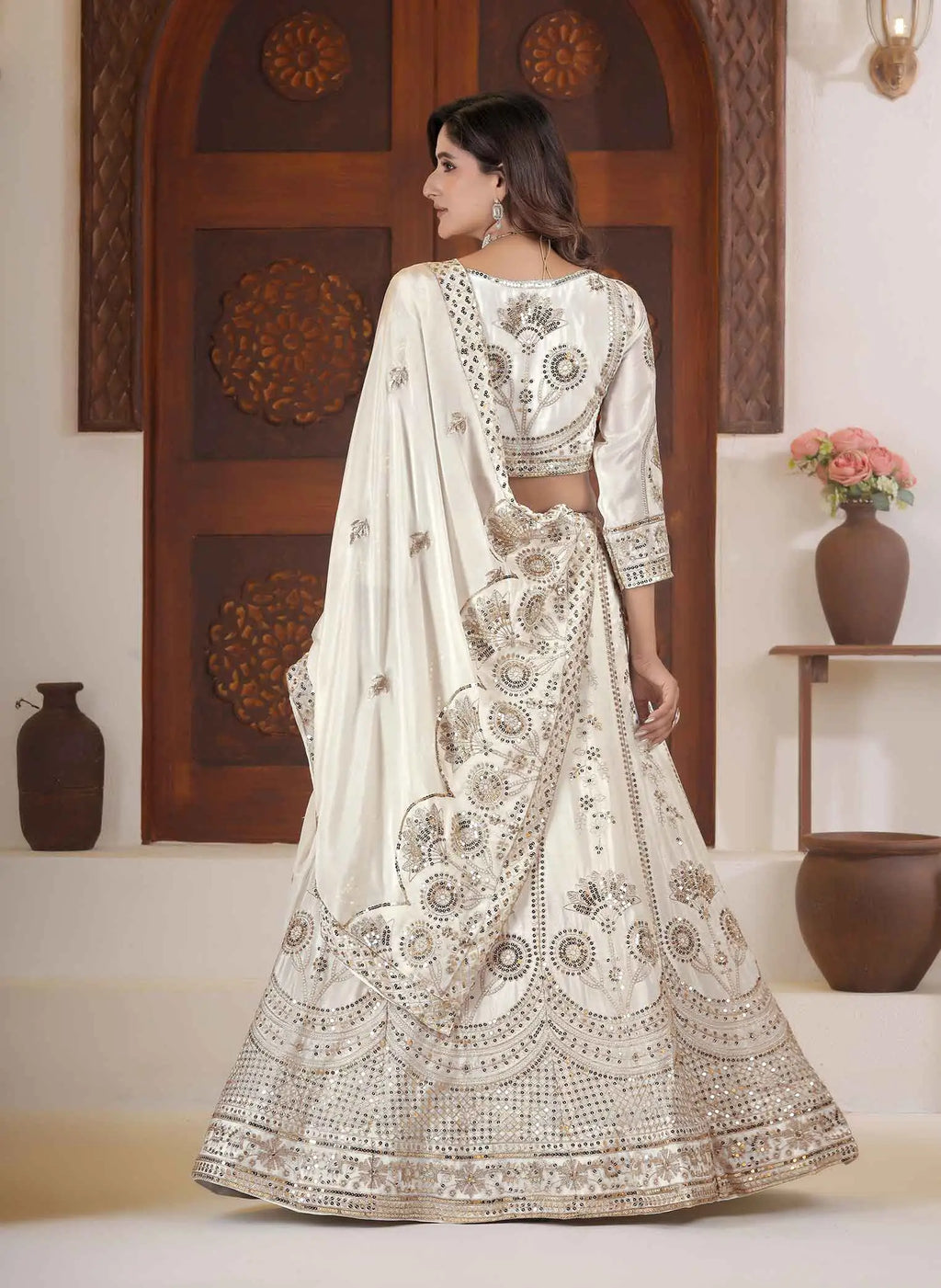 White Sequins Zari Embroidery Work Lehenga Choli