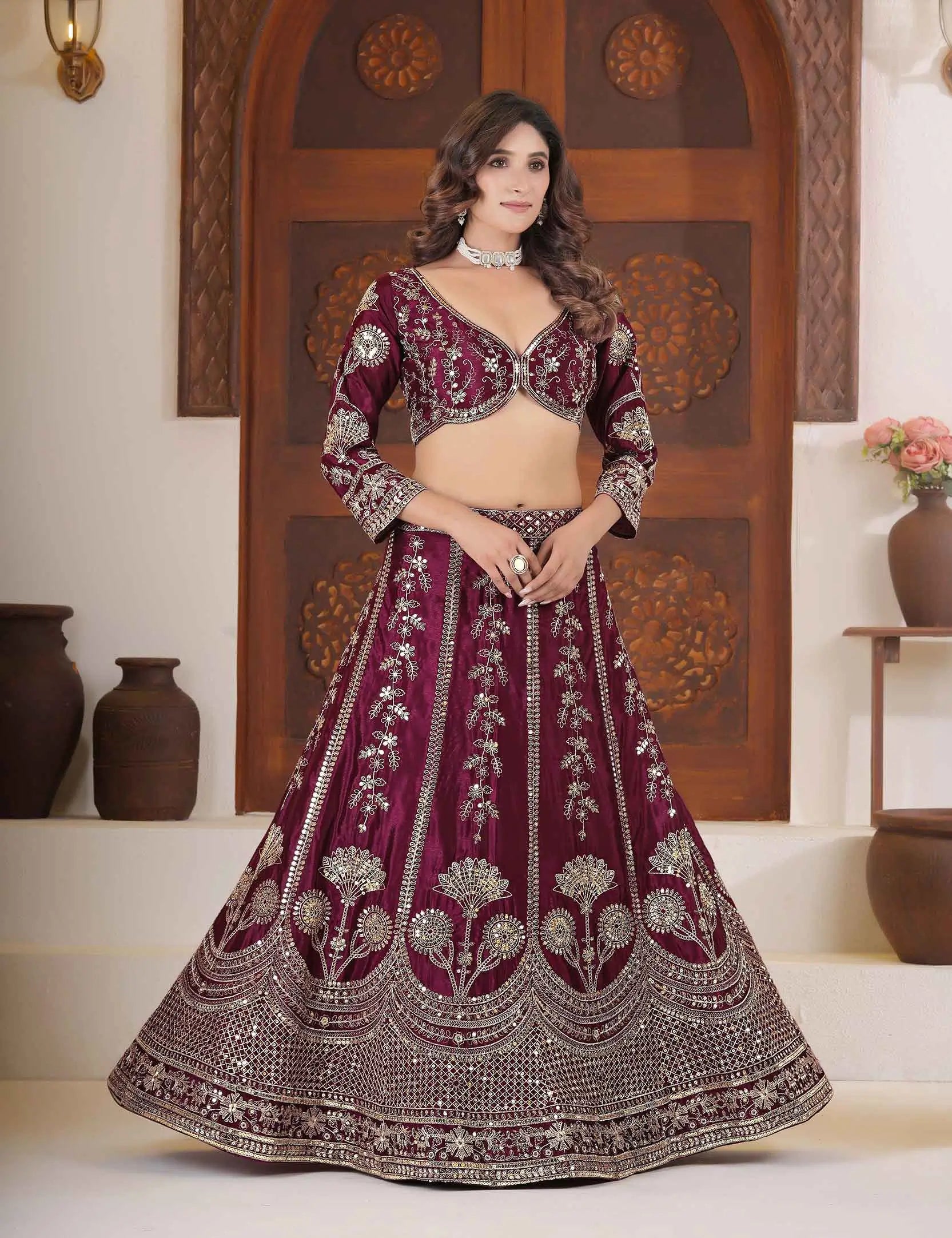Maroon Sequins Zari Embroidery Work Lehenga Choli