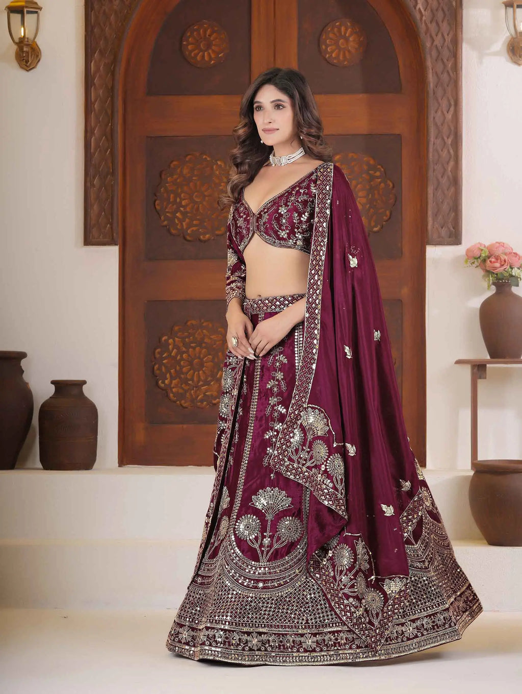 Maroon Sequins Zari Embroidery Work Lehenga Choli