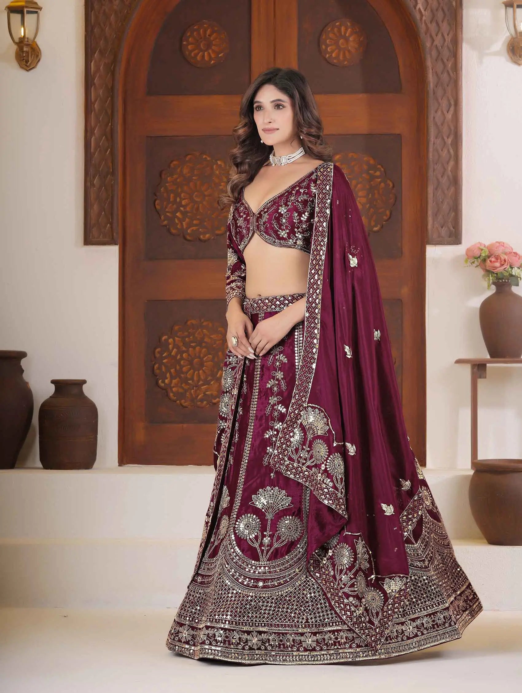 Maroon Sequins Zari Embroidery Work Lehenga Choli