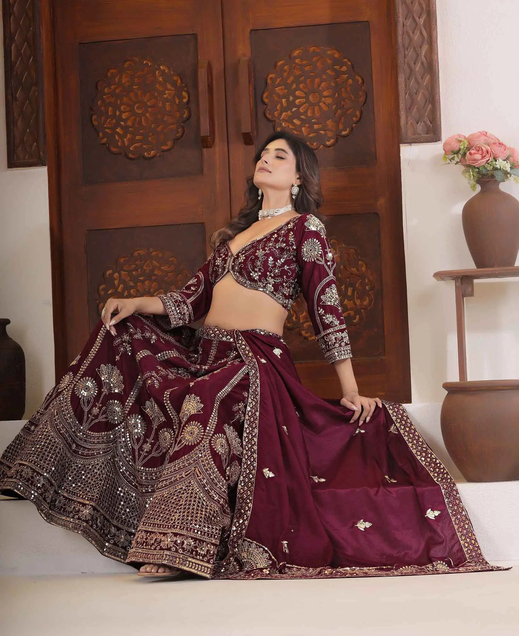 Maroon Sequins Zari Embroidery Work Lehenga Choli