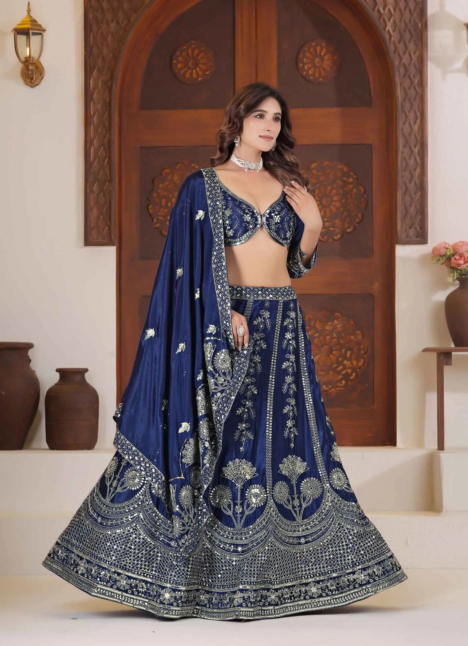 Blue Sequins Zari Embroidery Work Lehenga Choli