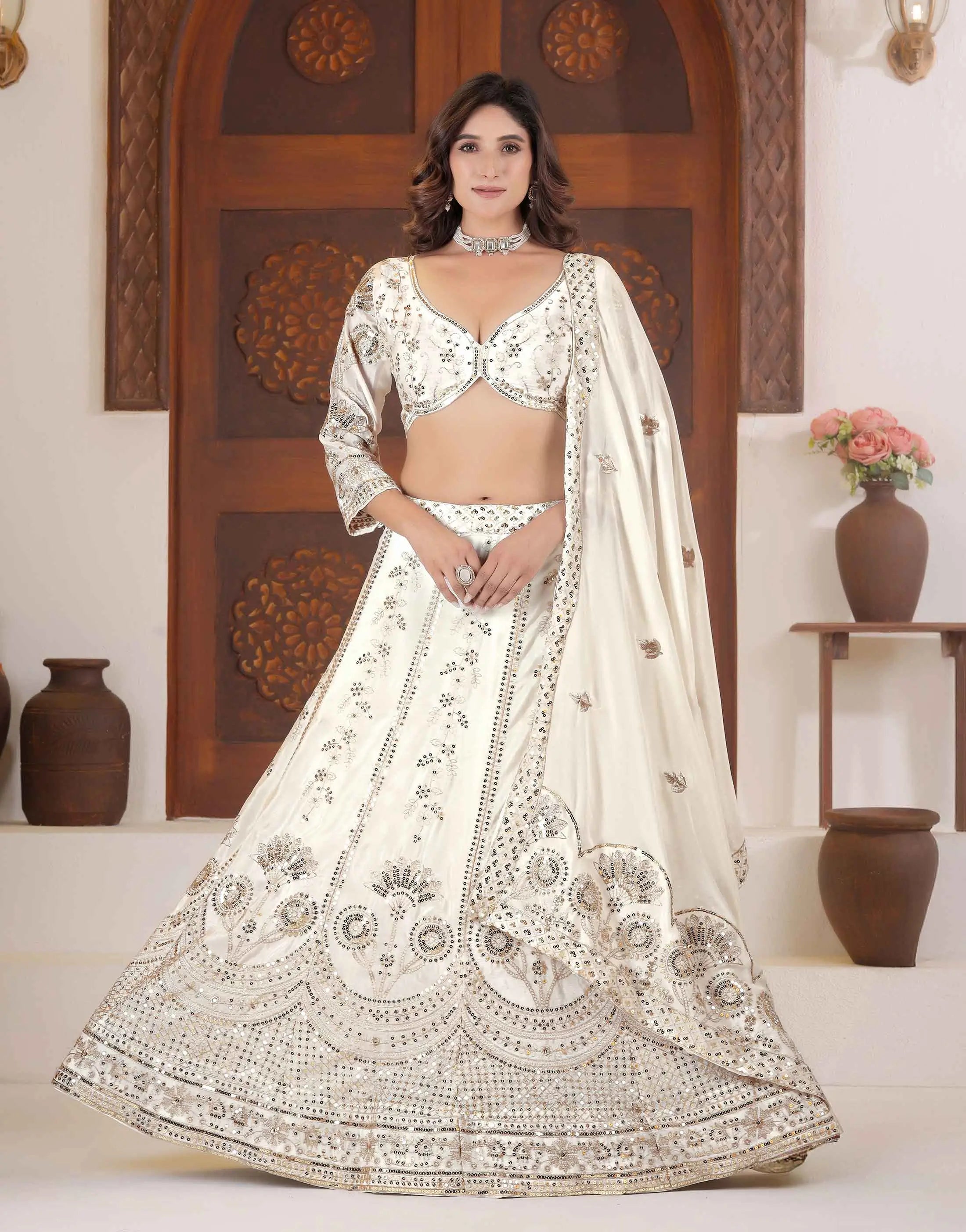 White Sequins Zari Embroidery Work Lehenga Choli