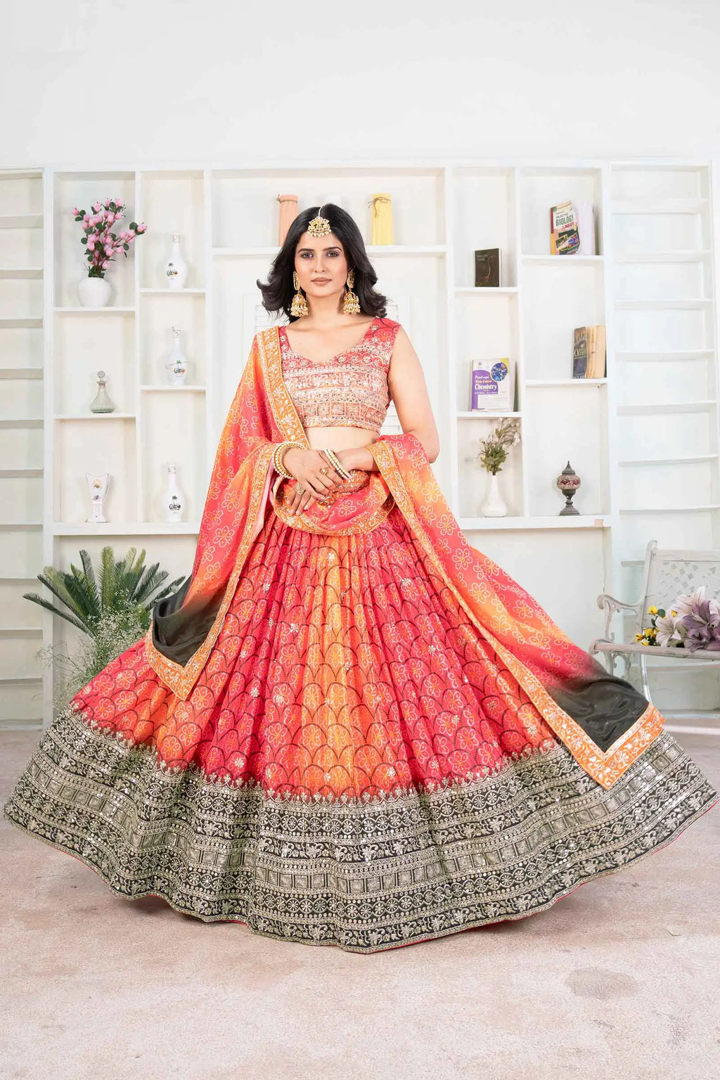 Orange Digital Print Chinon Lehenga With Embroidery