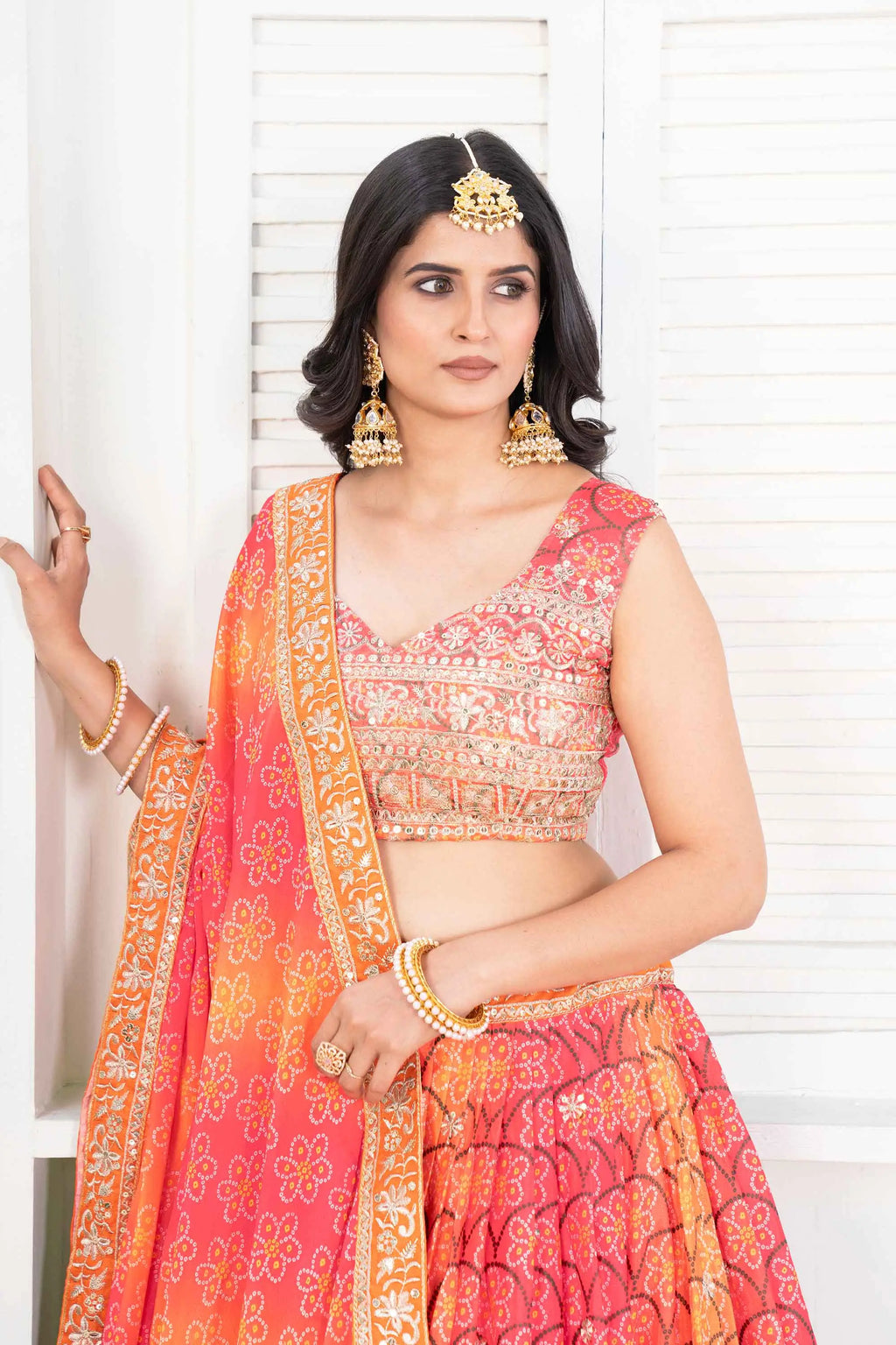 Orange Digital Print Chinon Lehenga With Embroidery