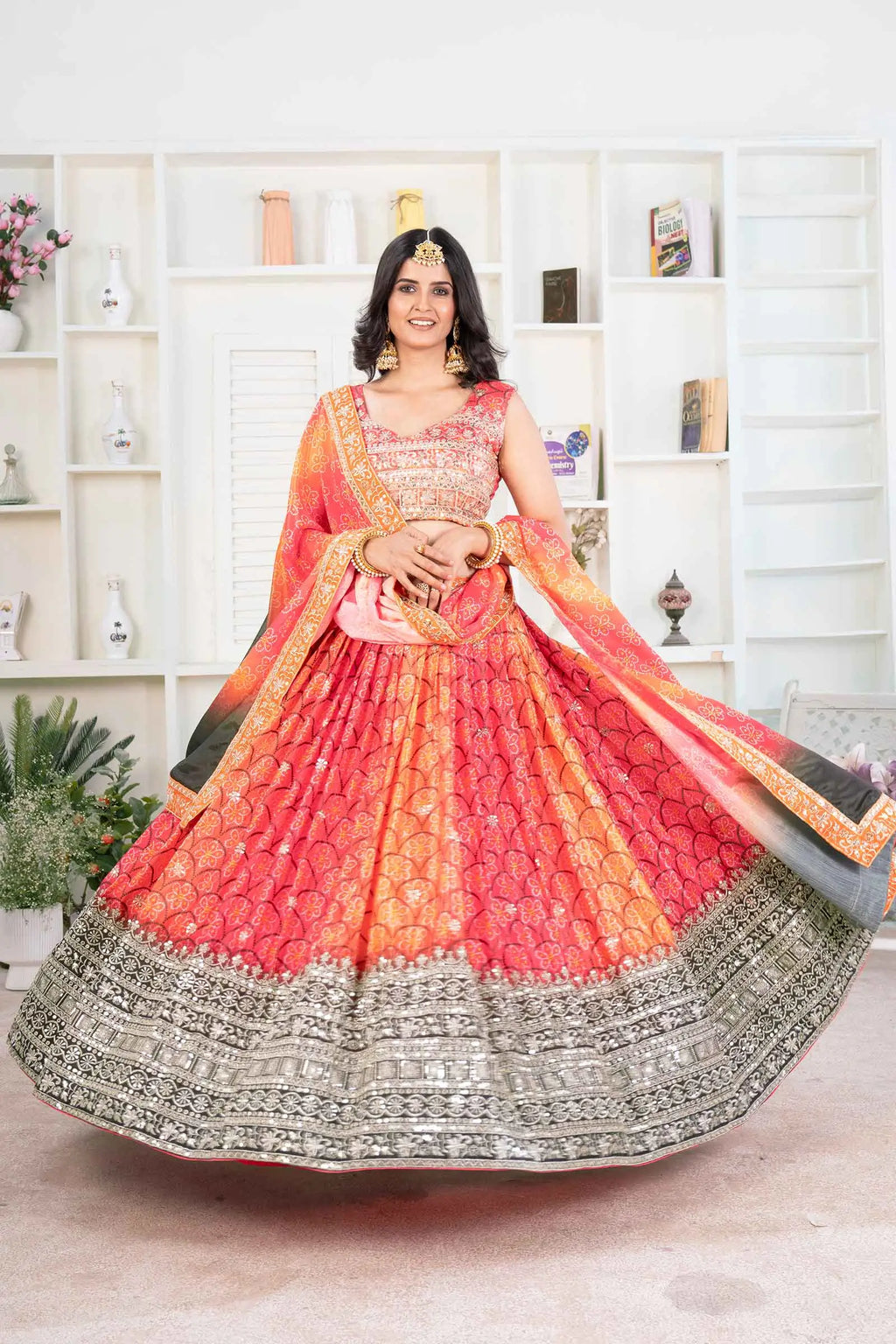 Orange Digital Print Chinon Lehenga With Embroidery
