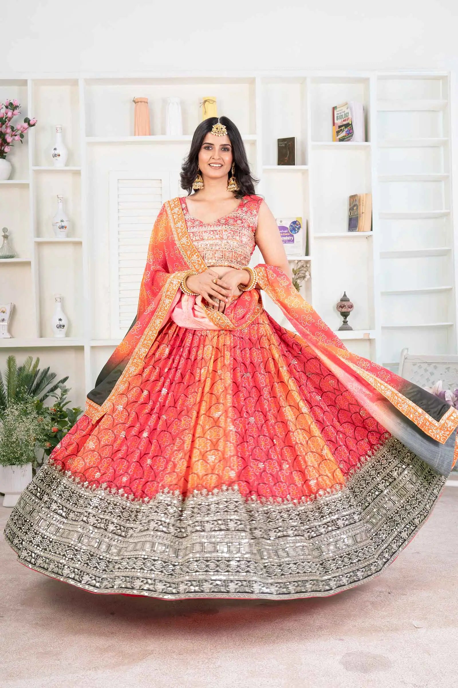 Orange Digital Print Chinon Lehenga With Embroidery