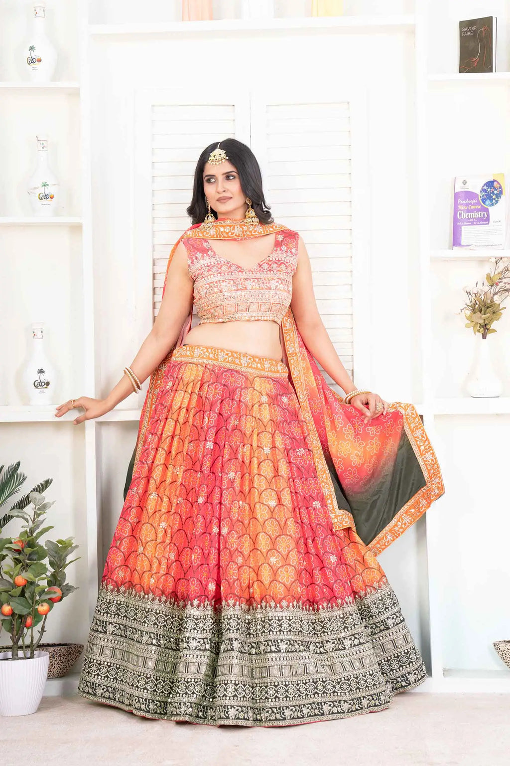 Orange Digital Print Chinon Lehenga With Embroidery