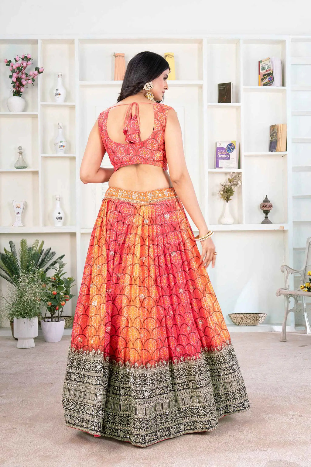 Orange Digital Print Chinon Lehenga With Embroidery