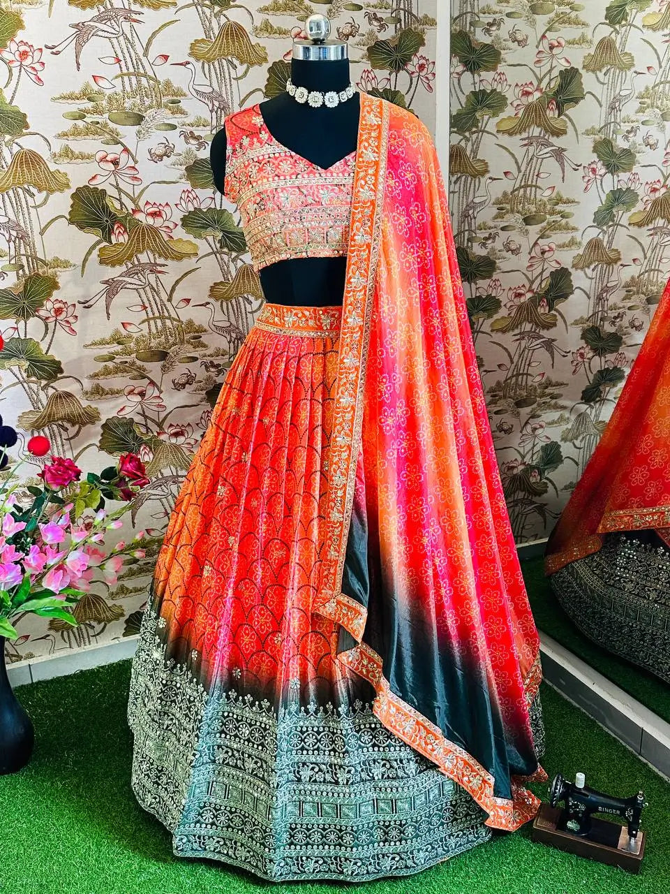 Orange Digital Print Chinon Lehenga With Embroidery