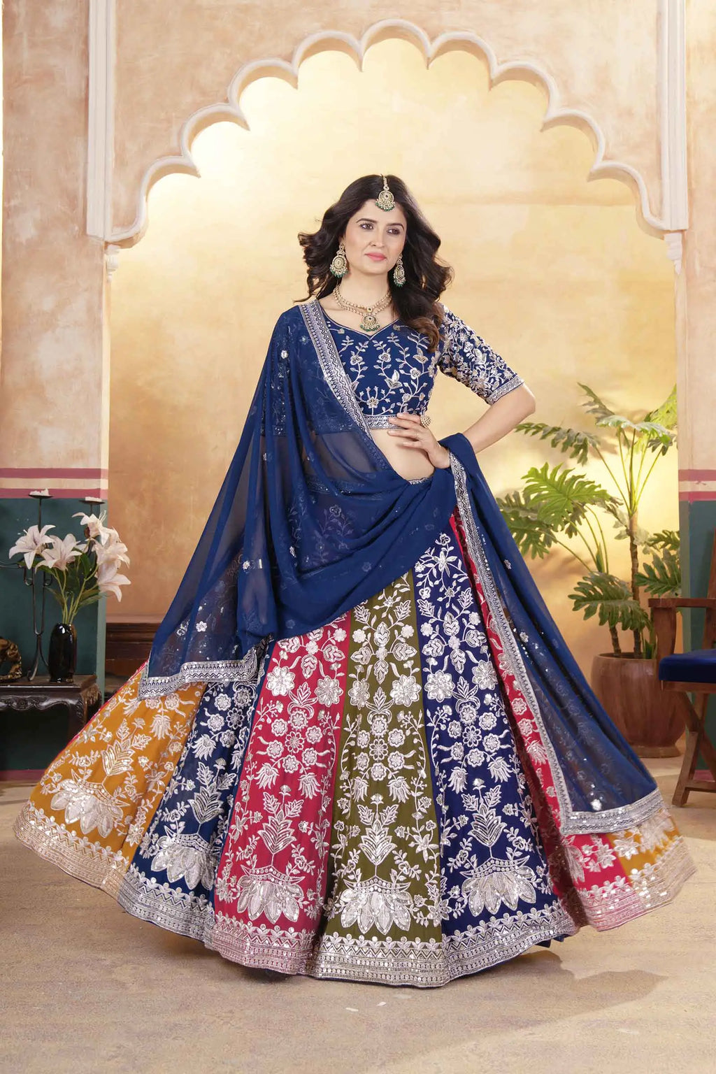 Multi Color Georgette Lehenga With Sequins Embroidery