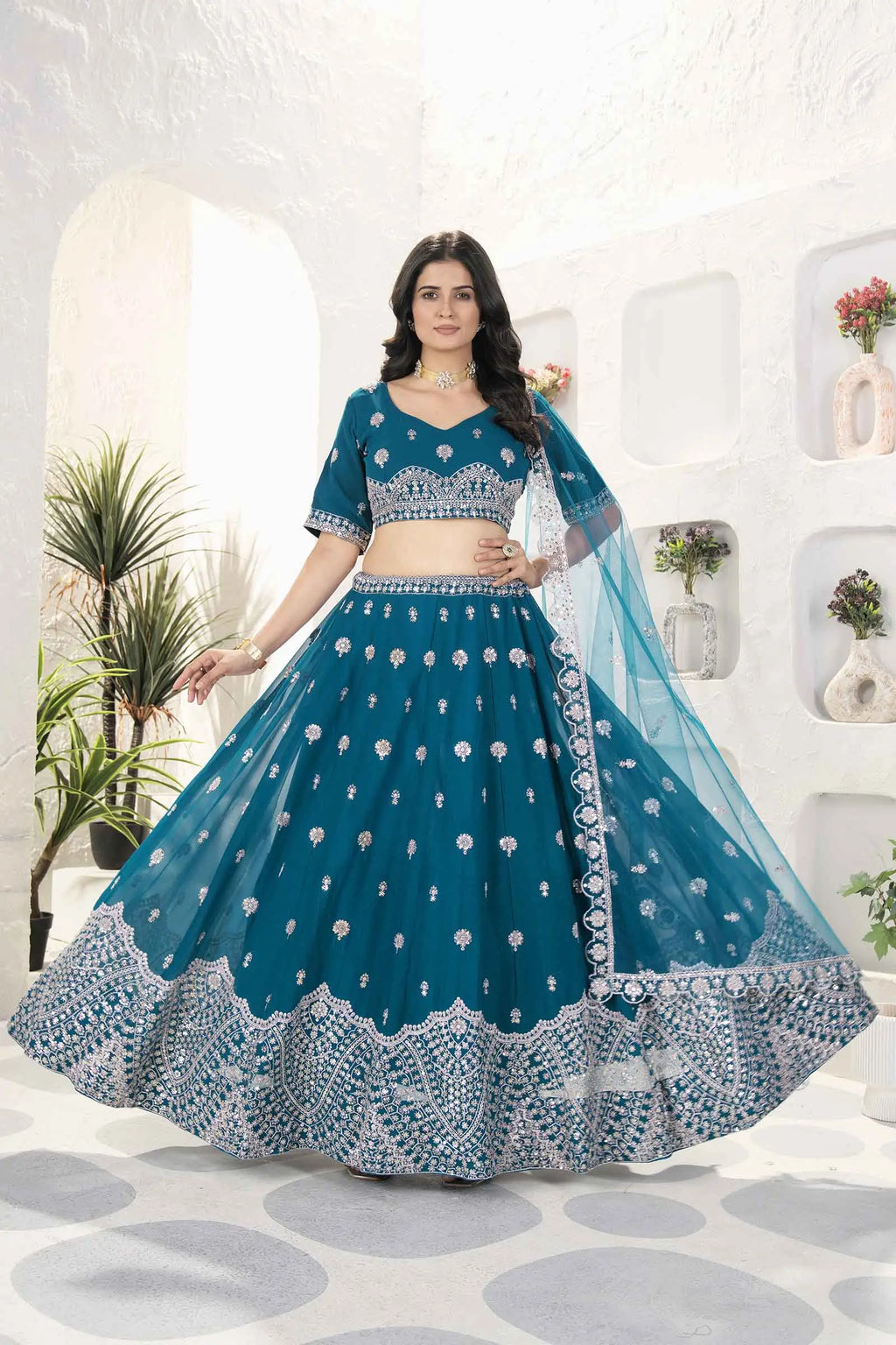Dark Teal Blue Sequins Embroidery Work Lehenga Choli