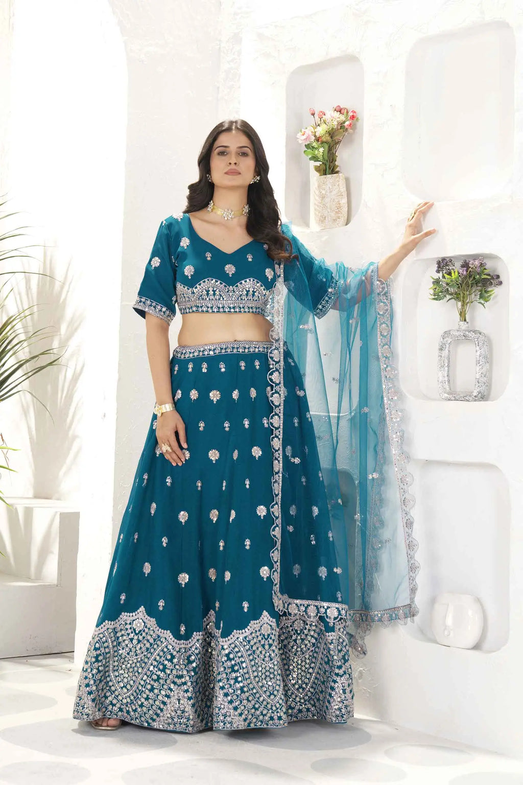 Dark Teal Blue Sequins Embroidery Work Lehenga Choli