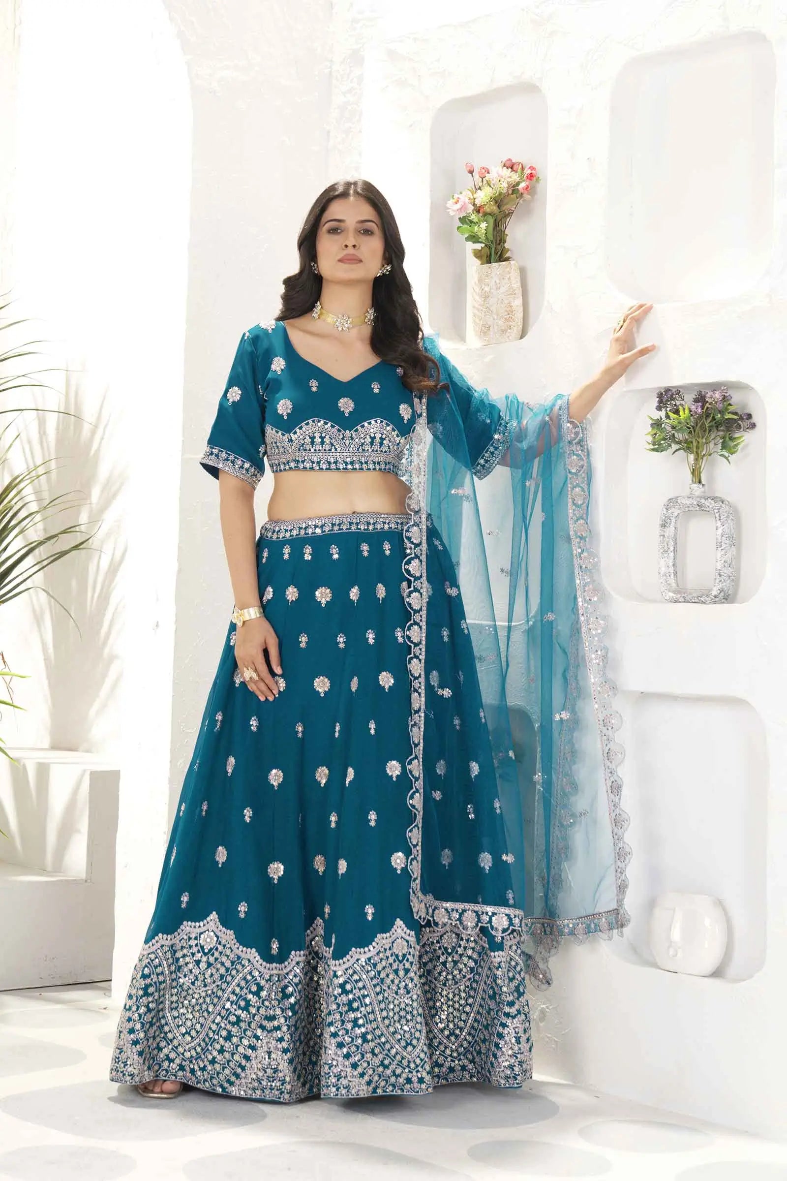 Dark Teal Blue Sequins Embroidery Work Lehenga Choli