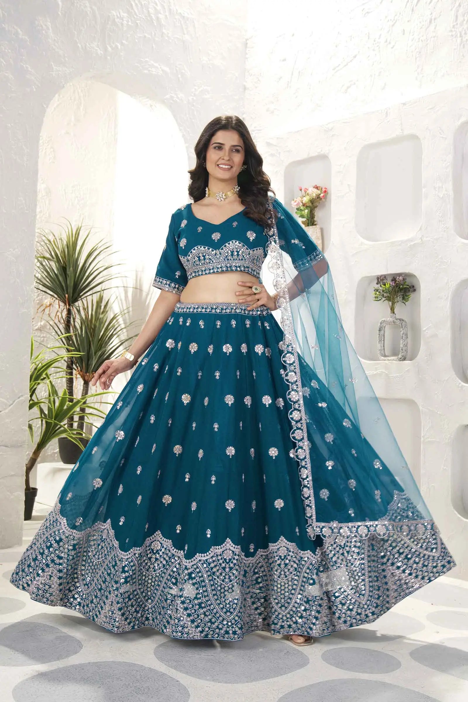 Dark Teal Blue Sequins Embroidery Work Lehenga Choli