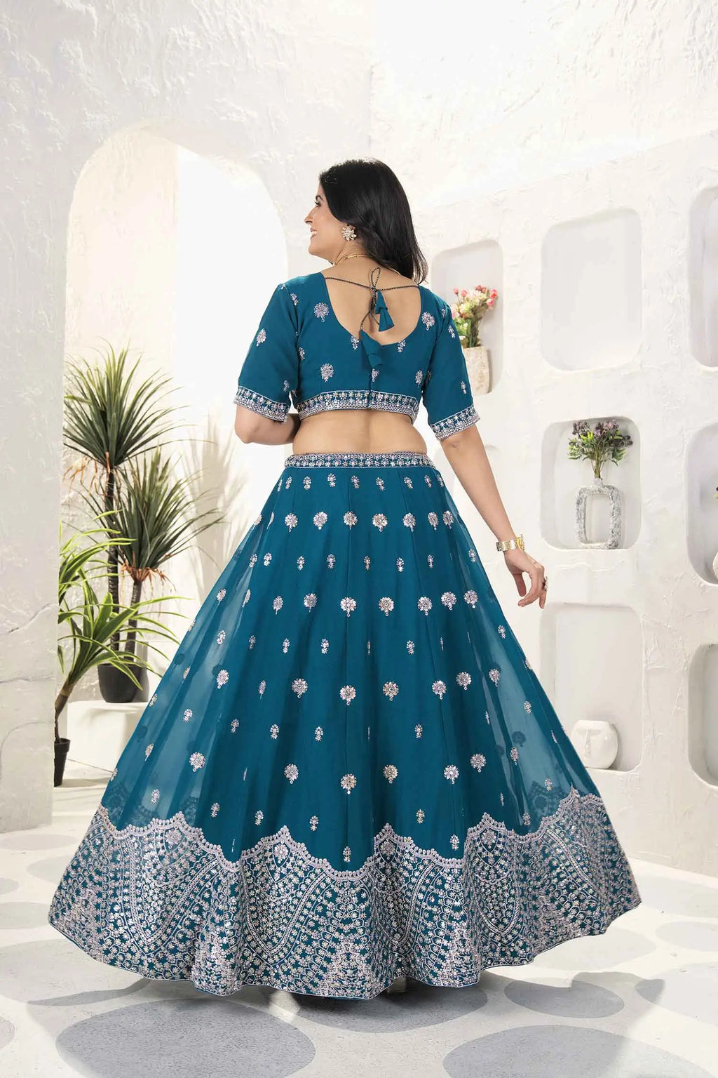 Dark Teal Blue Sequins Embroidery Work Lehenga Choli