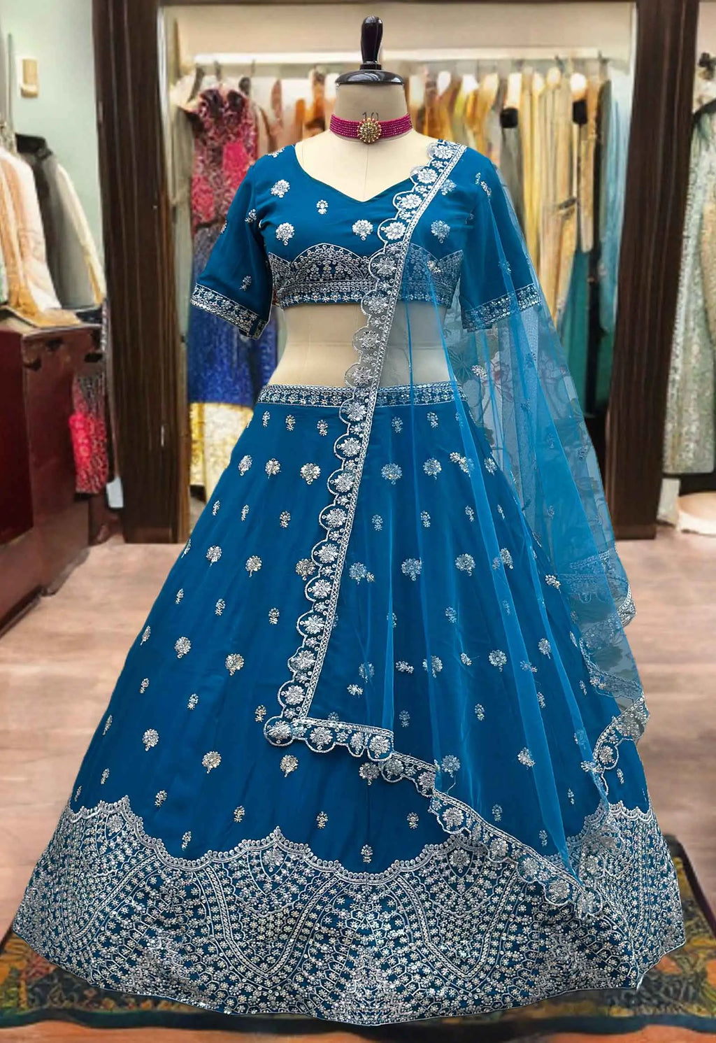 Dark Teal Blue Sequins Embroidery Work Lehenga Choli