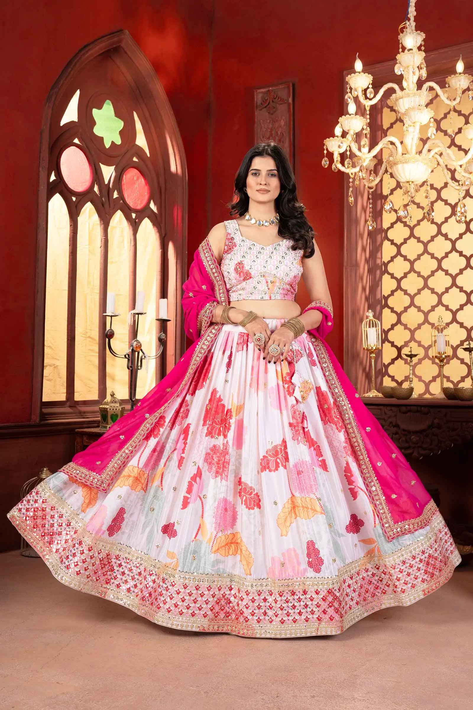 Off White Floral Sequins Embroidery Work Lehenga