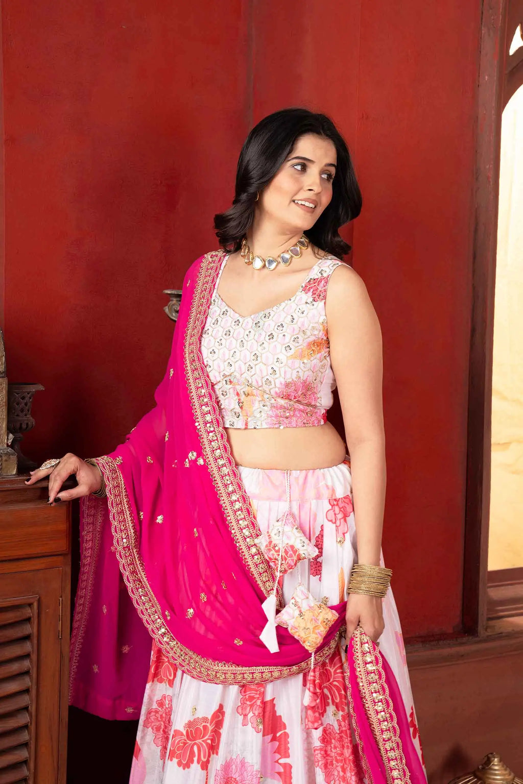 Off White Floral Sequins Embroidery Work Lehenga