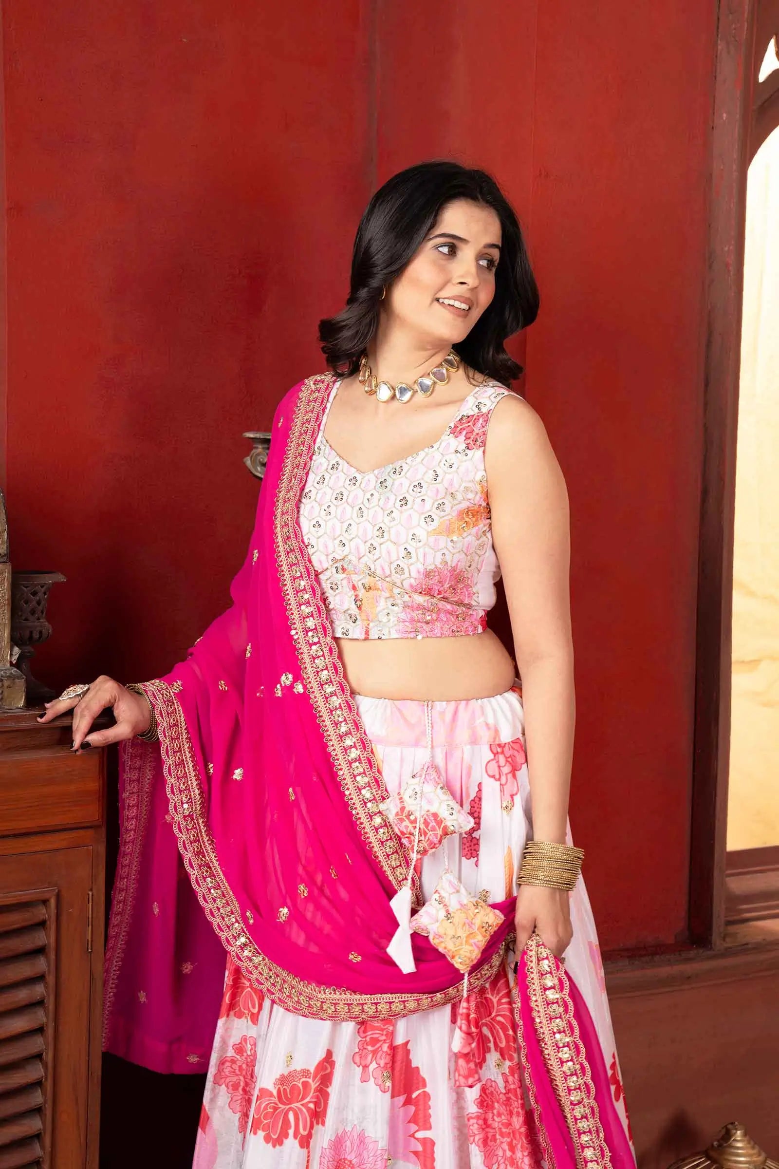 Off White Floral Sequins Embroidery Work Lehenga