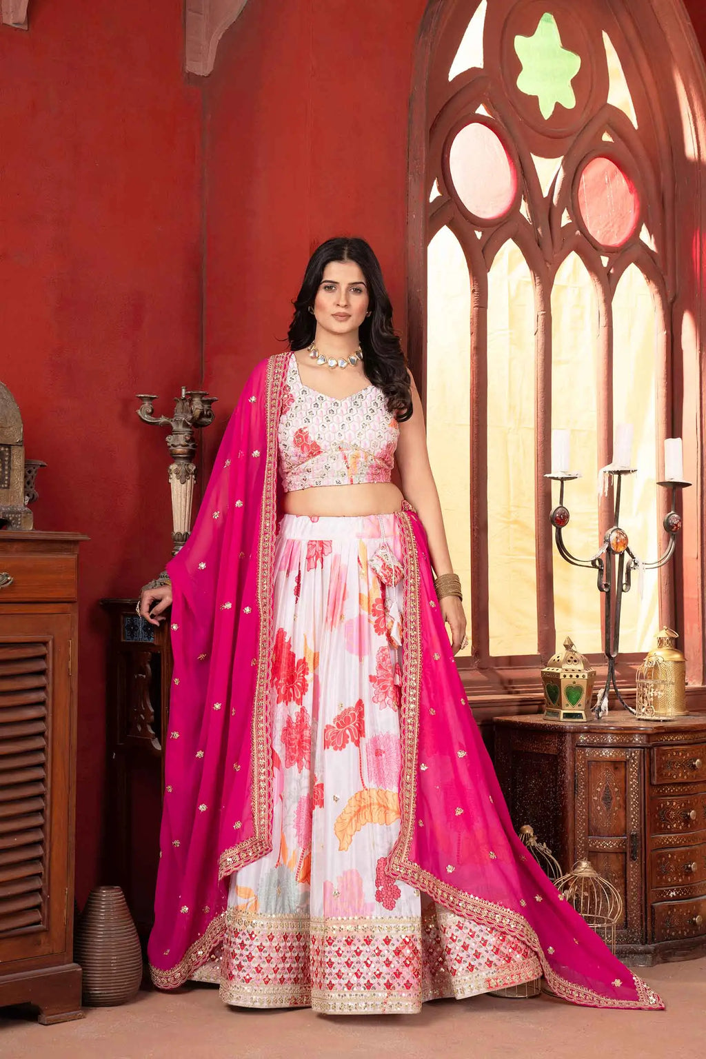 Off White Floral Sequins Embroidery Work Lehenga
