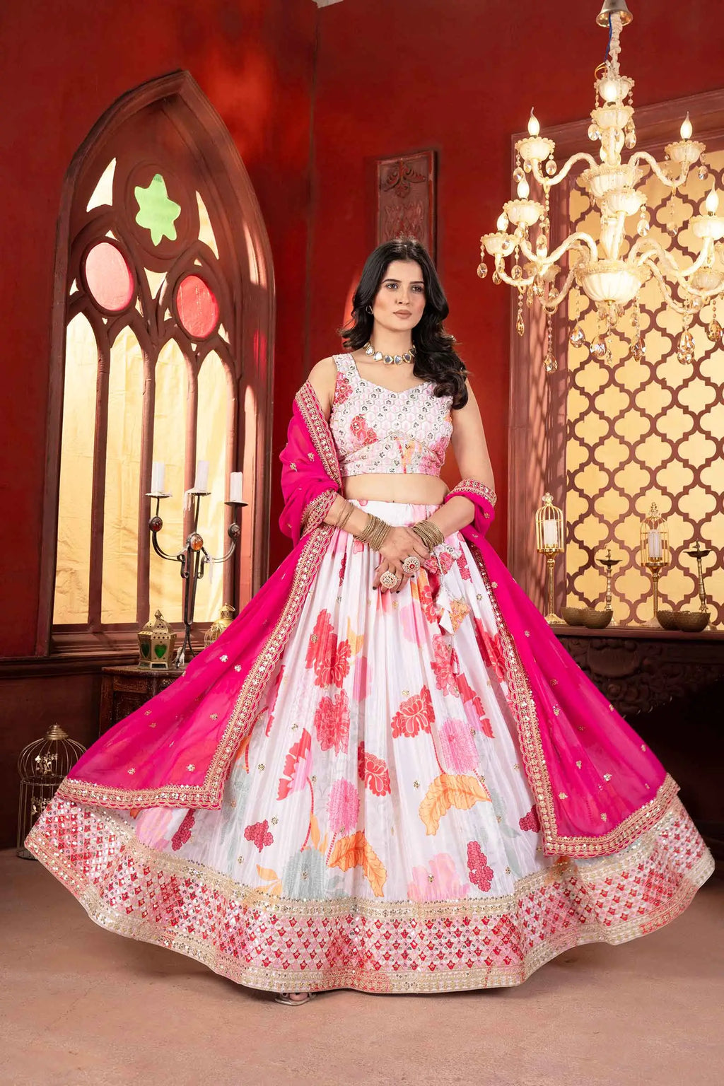 Off White Floral Sequins Embroidery Work Lehenga