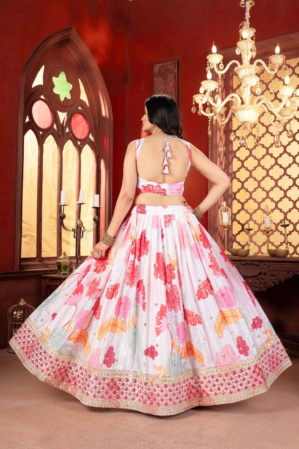 Off White Floral Sequins Embroidery Work Lehenga