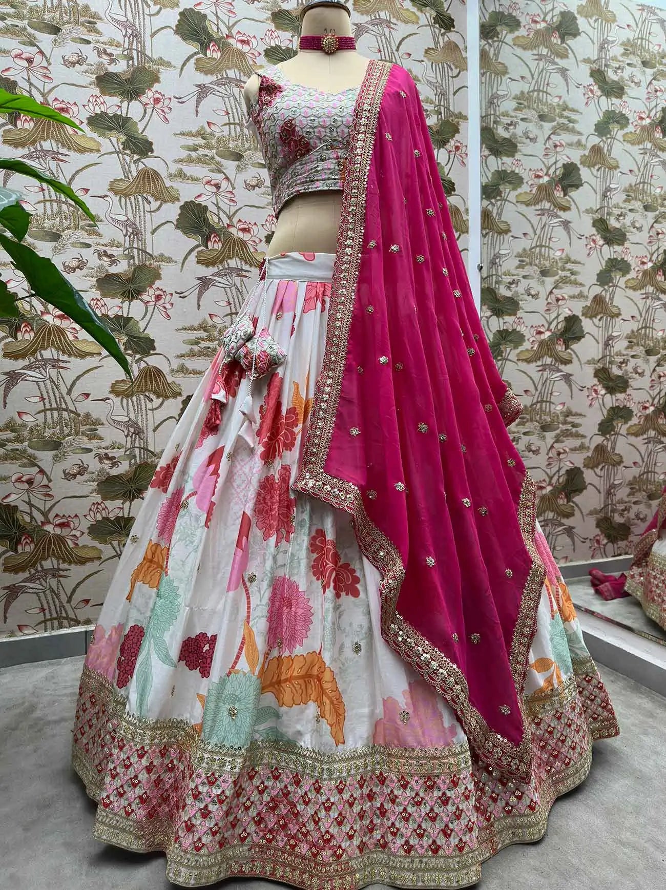 Off White Floral Sequins Embroidery Work Lehenga
