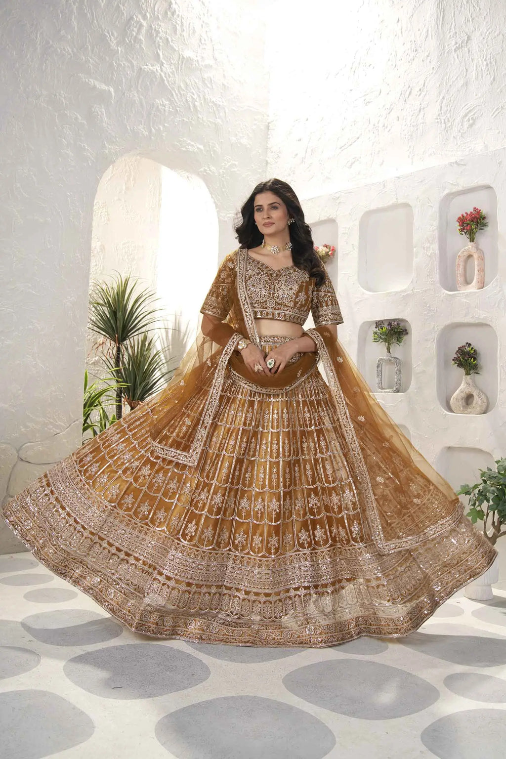 Light Brown Net Lehenga With Sequins Embroidery