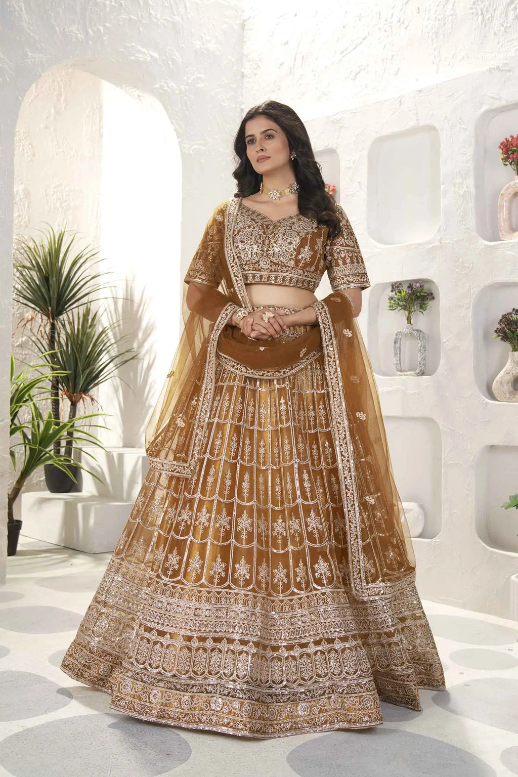Light Brown Net Lehenga With Sequins Embroidery